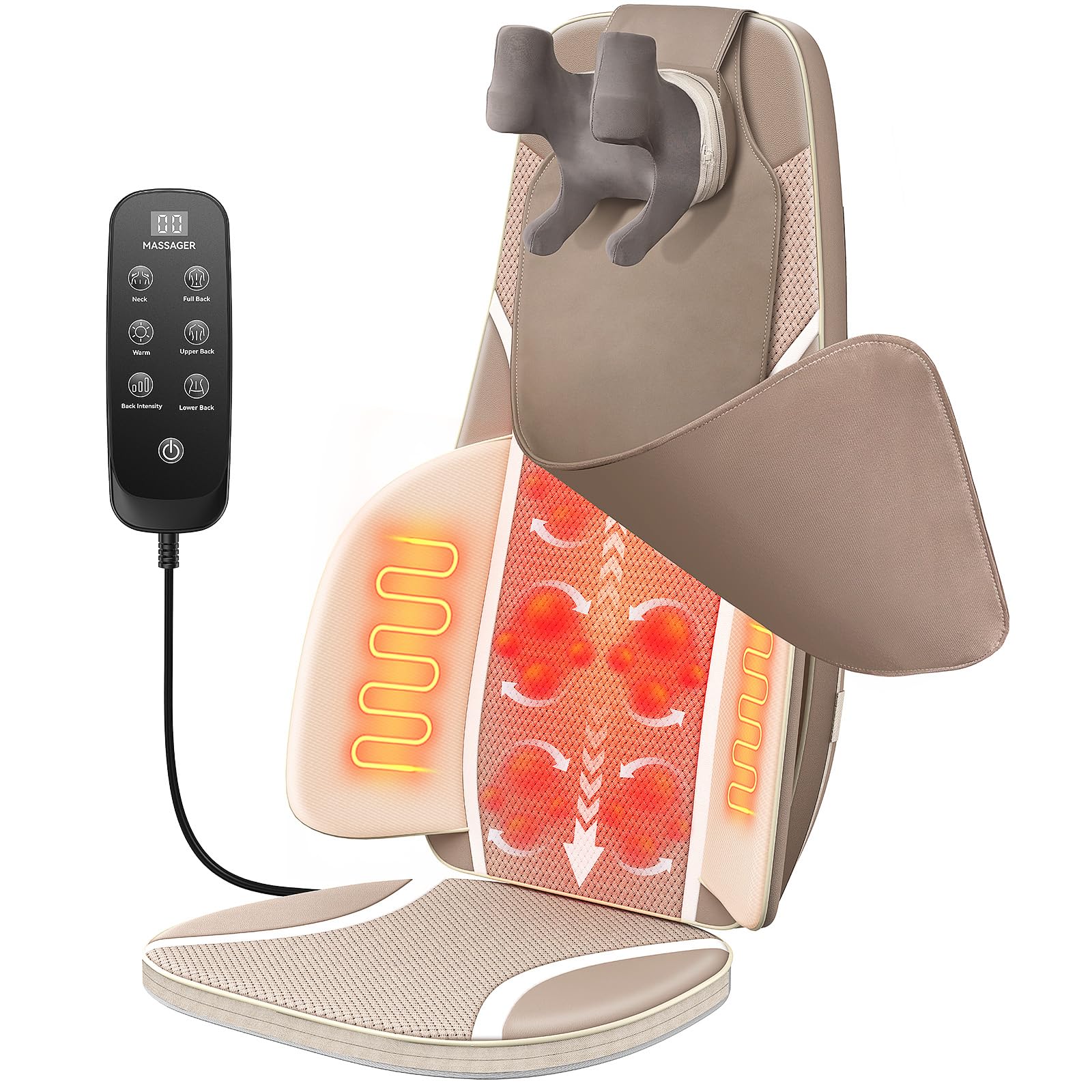 Flekzo Shiatsu Back & Neck Massage Chair Seat Cushion with Heat – 4D Kneading, Adjustable Intensity, Adjustable Neck Height, Full Back Pain Relief, Deep Tissue, Office Chair Massager, Brown