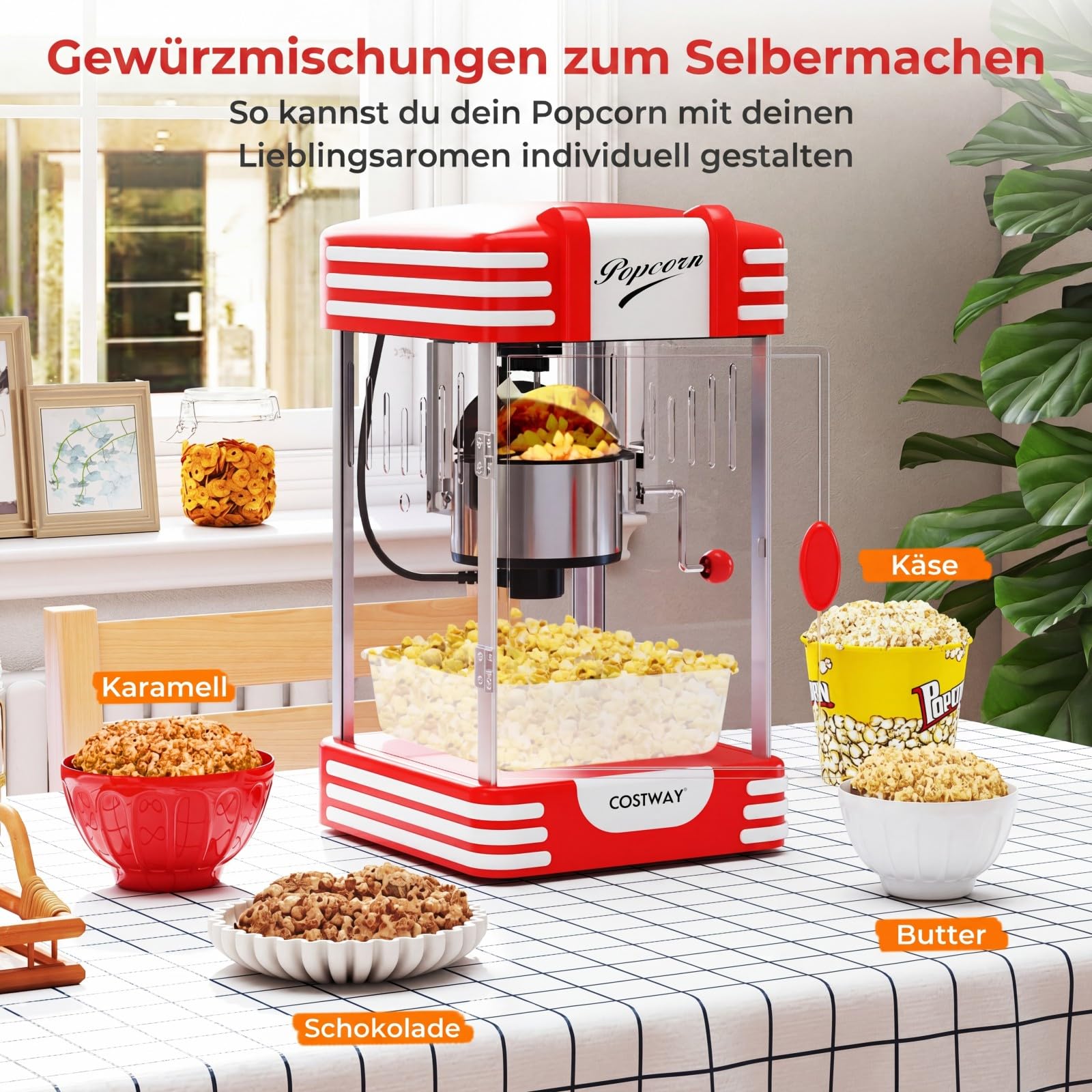 COSTWAY Retro Popcornmaschine, Popcorn maschine mit Warmhaltelicht & Edelstahlkessel & integriertes Rührsystem, Popcorn Maker im 50er still für Filmabende, Party, Rot