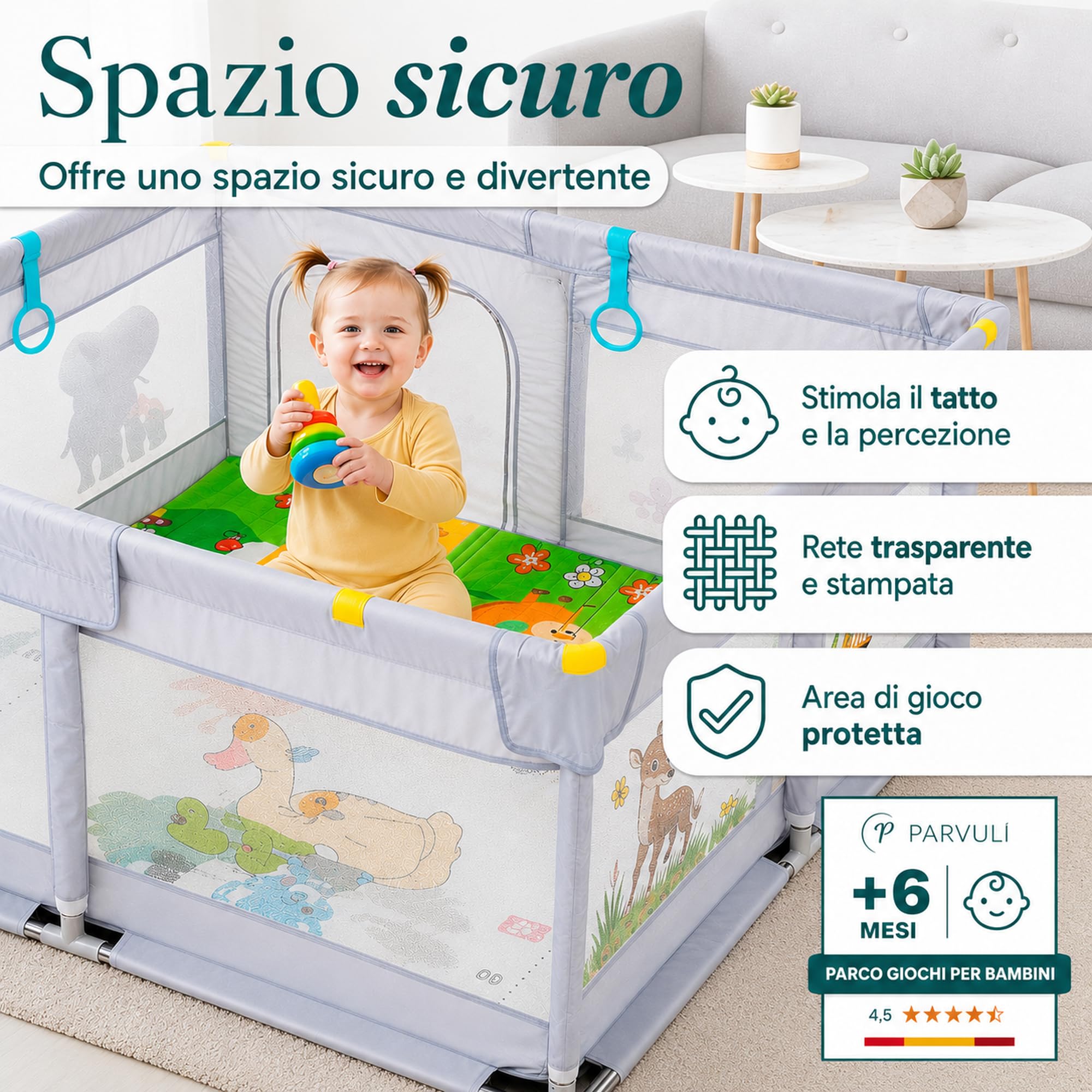 PARVULI Box per Bambini Pieghevole 120x120 cm Recinto per Bambini in Ferro Struttura Stabile, Box Neonato con Tappeto Morbido Imbottito e Rete Traspirante - Animali
