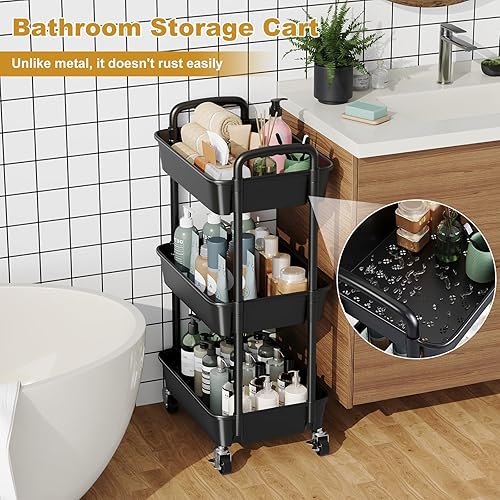 Miniatura 5 de Carrito rodante de plástico de 3 niveles con ruedas de metal, organizador de almacenamiento negro con ruedas, estante de almacenamiento de tres