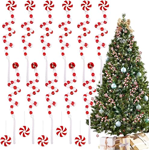 Juego de 20 piezas de palillos de árbol de Navidad, adornos rojos y blancos, decoración de campanas de caramelo