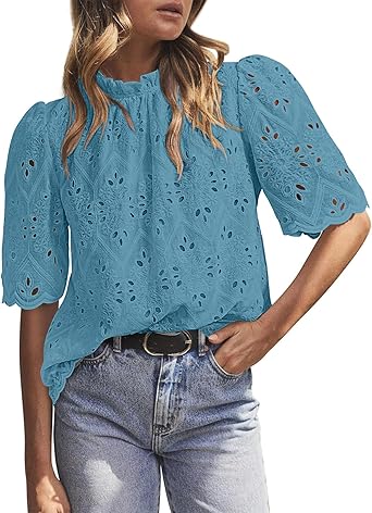 BETTE BOUTIK Womens Lace Tops 2025 Trendy Long Short Sleeve Eyelet Embroidered Dressy Casual Blouse Shirts