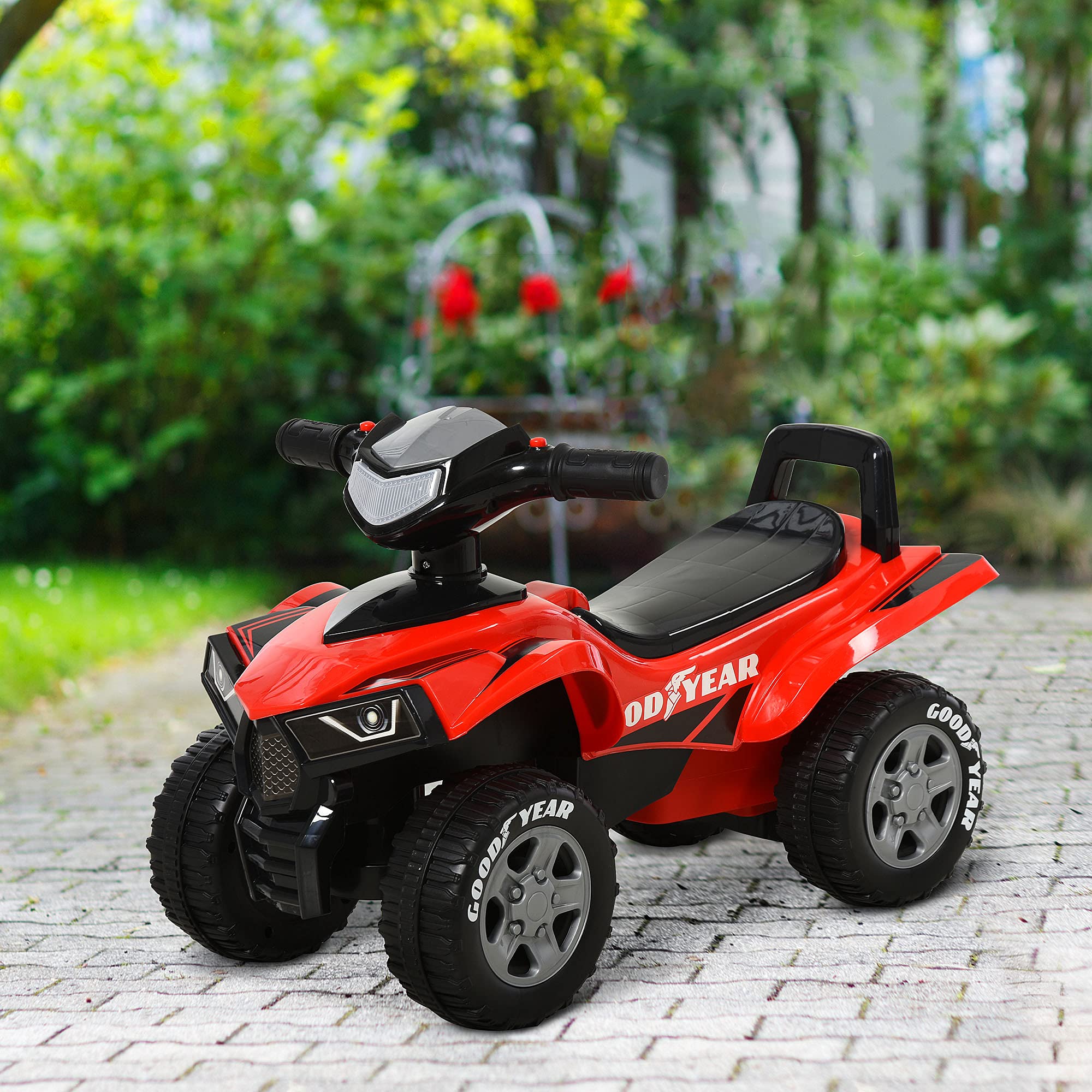 HOMCOM Porteur Enfants Quad 18-36 Mois dim. 60L x 31l x 42H cm Effets Lumineux et sonore Rouge Noir