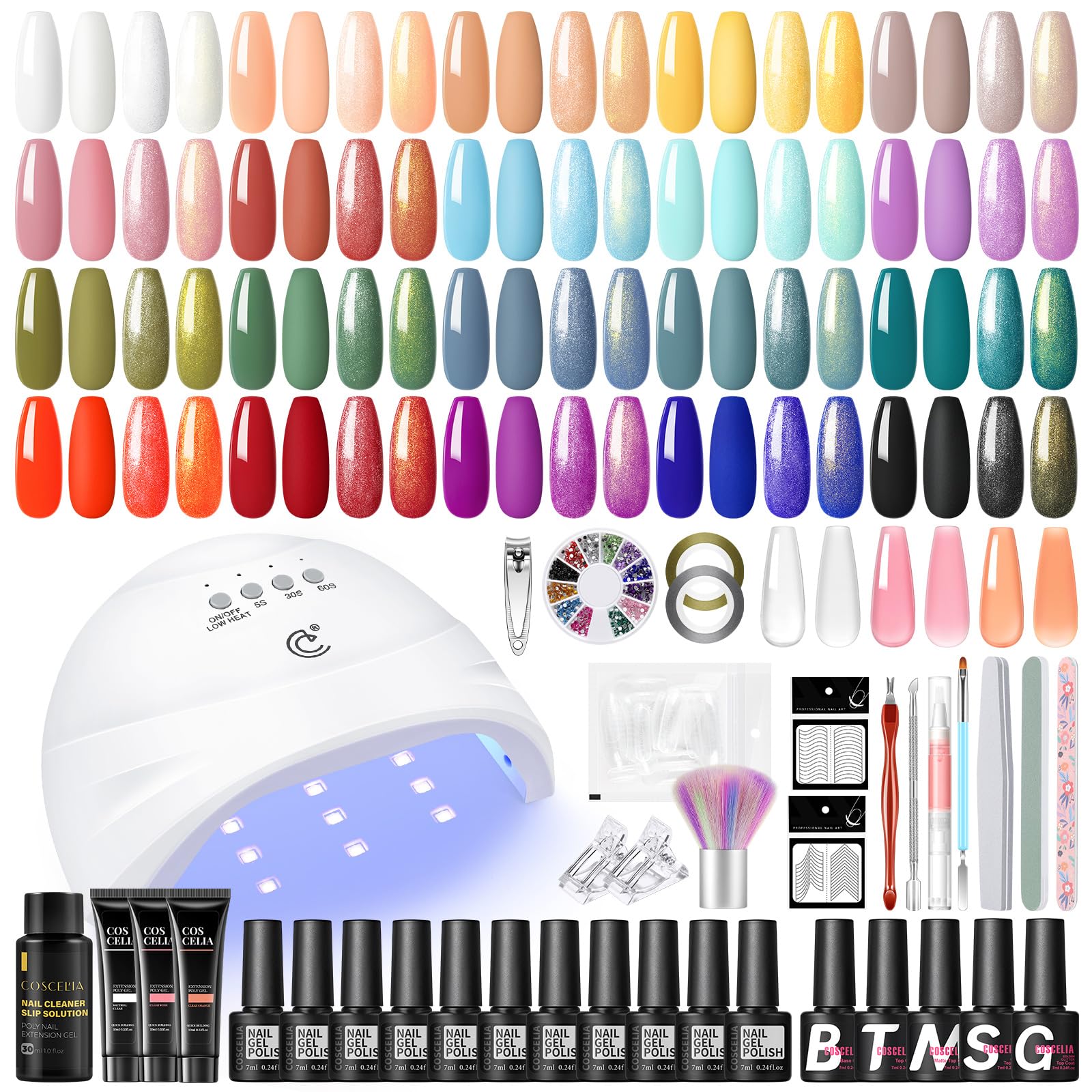 COSCELIA Kit Uñas Semipermanentes 20 Colores Uñas Gel Kit con Lámpara de Uñas, 3 Colores Poly Extensión Gel Uñas, Base Top Mate Coat con 2pcs Glitter Coat Set Kit Manicura Semipermanente