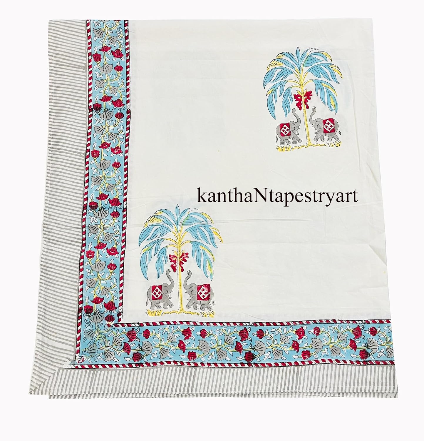 Generic kanthaNtapestryart Indian Cotton Flat Sheet Hand Block Print 100% Pure Cotton Bedsheet with 2 Pillow Cover Bed Cover Bedspread (Twin Size 60x90 Inch)