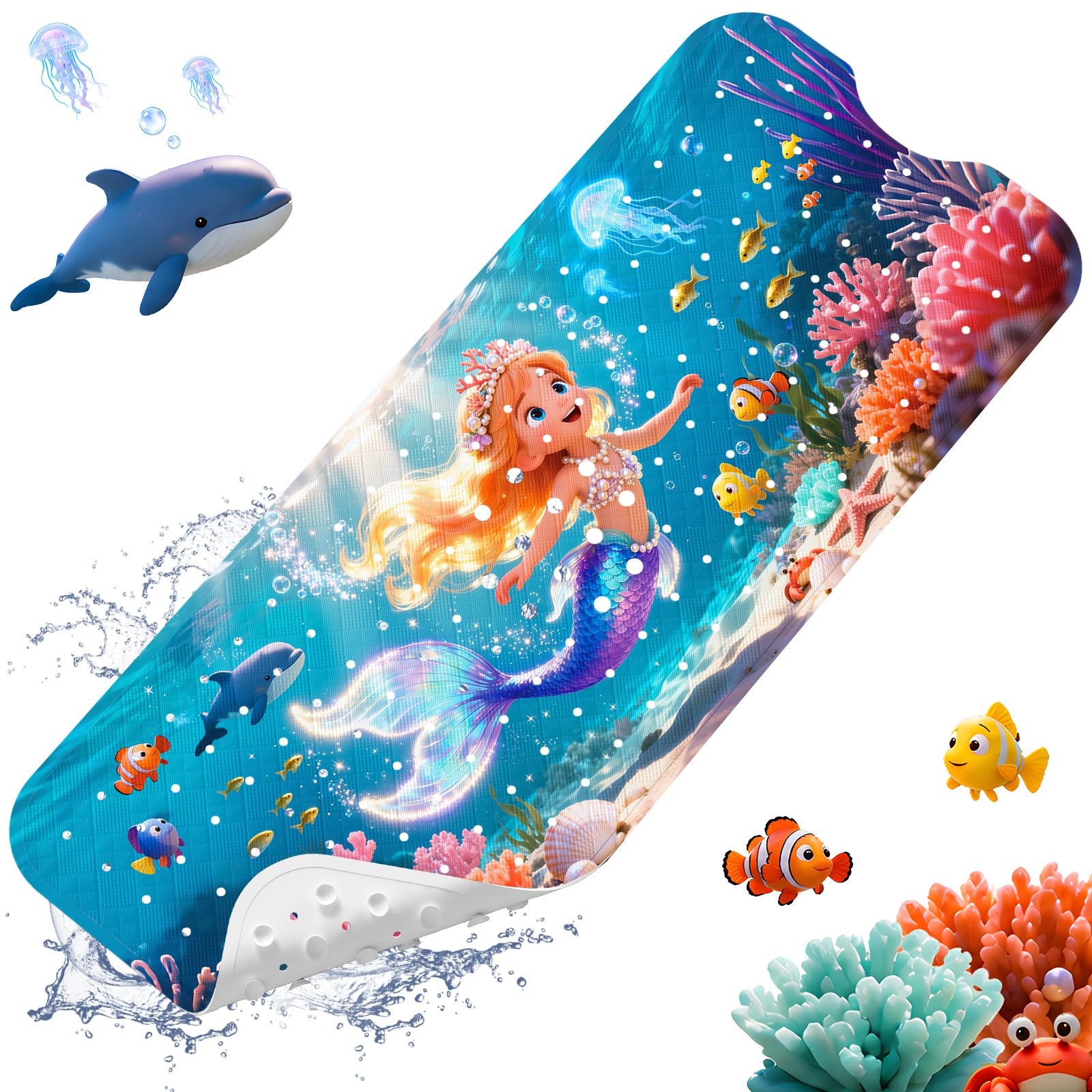 XIYUNTE Baby Bath Mats Non Slip Anti Mould, Cartoon Kids Bath Mat Non Slip, 100x40cm Extra Large Baby Shower Bath Mat with Suction Cups & Drain Holes, Machine Washable, Mermaid