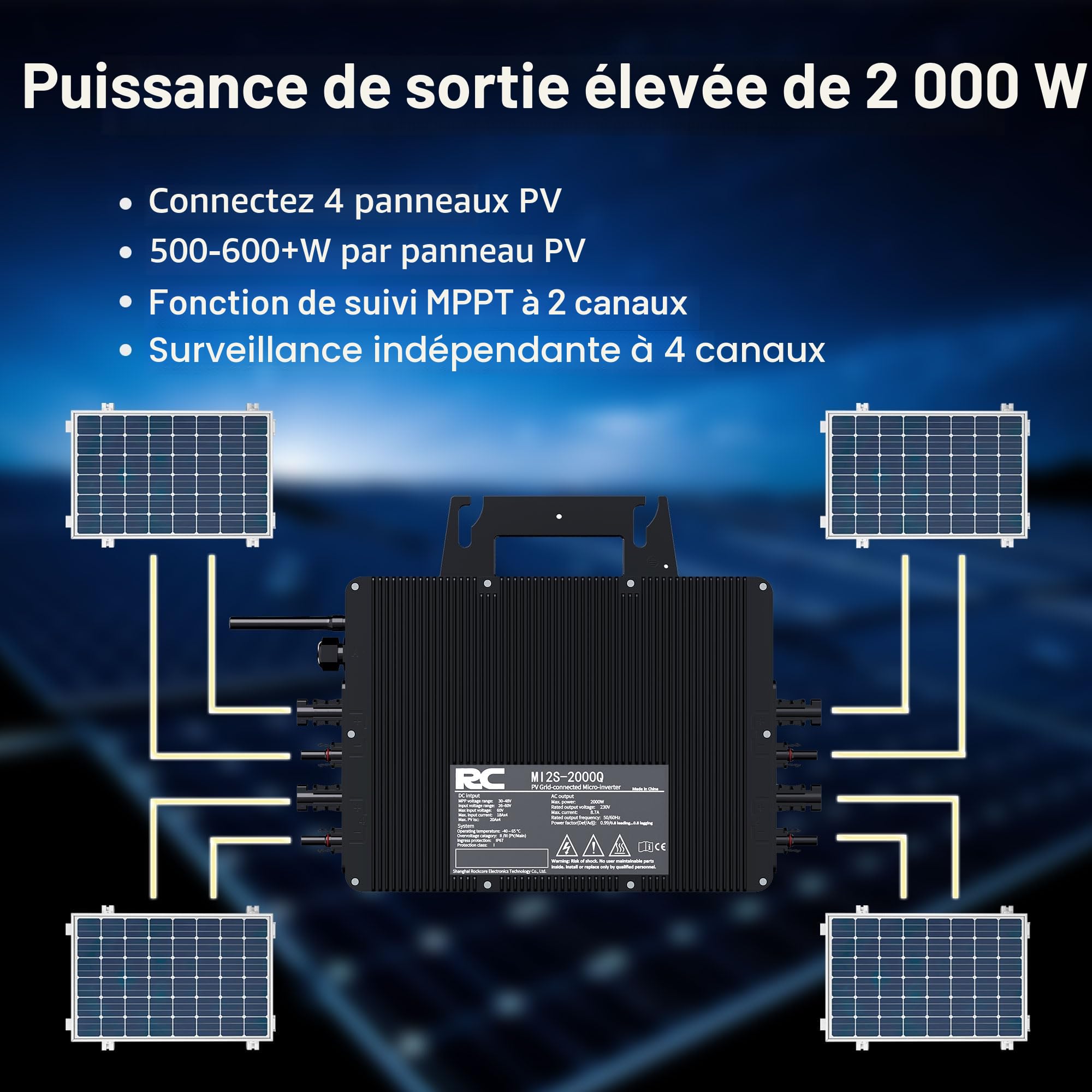 RC Micro-onduleur 2000W pour système photovoltaïque de Balcon, entrée DC 26-60V par Canal, onduleur MPPT à 99,8%, Contrôle de l’Application Via Wi-FI, IP67 | Onduleur de module PV, entrée CC 26–60 V, surveillance Wi-Fi à distance, adapté aux installations