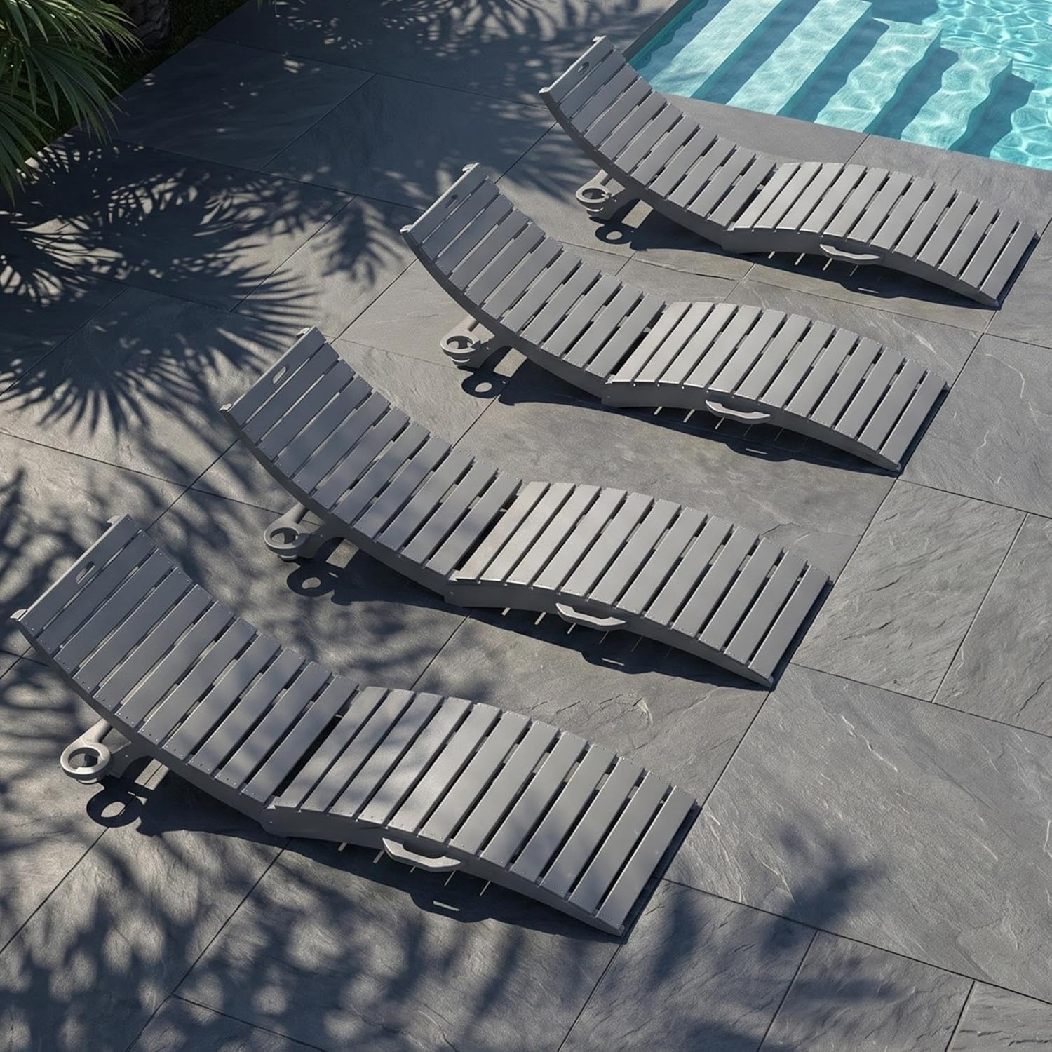 PLUUV HDPE Folding Pool Lounge Chairs Set of 4, Use in Pool Lounge Chairs up to 8-Inches of Water, Pre-Assembled Lounge Chair with Cup Holders, for Hotel, Resort, Poolside, Sun Decks -Gray