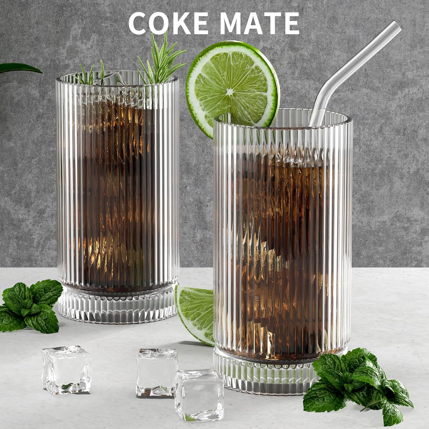 15 Oz Glass Cups with Straws, Vintage Glassware for Whiskey Cocktail Beer, Iced Coffee Cups and Drinking Glassare (2 PACK - Image 5