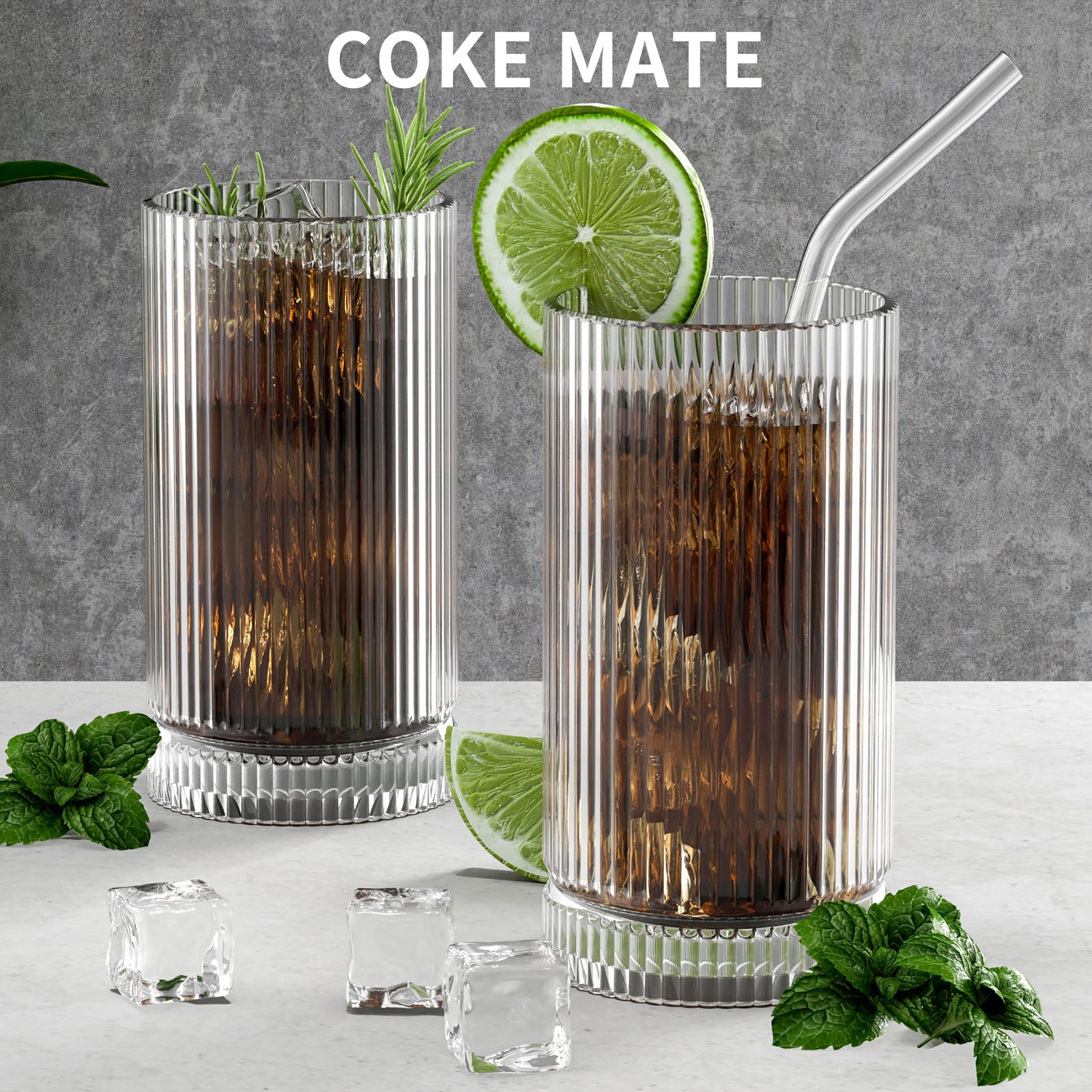 Bicchieri di vetro con cannucce, in vetro vintage a coste, per whisky, cocktail, birra, tazze da caffè freddo e bicchieri (confezione da 2)