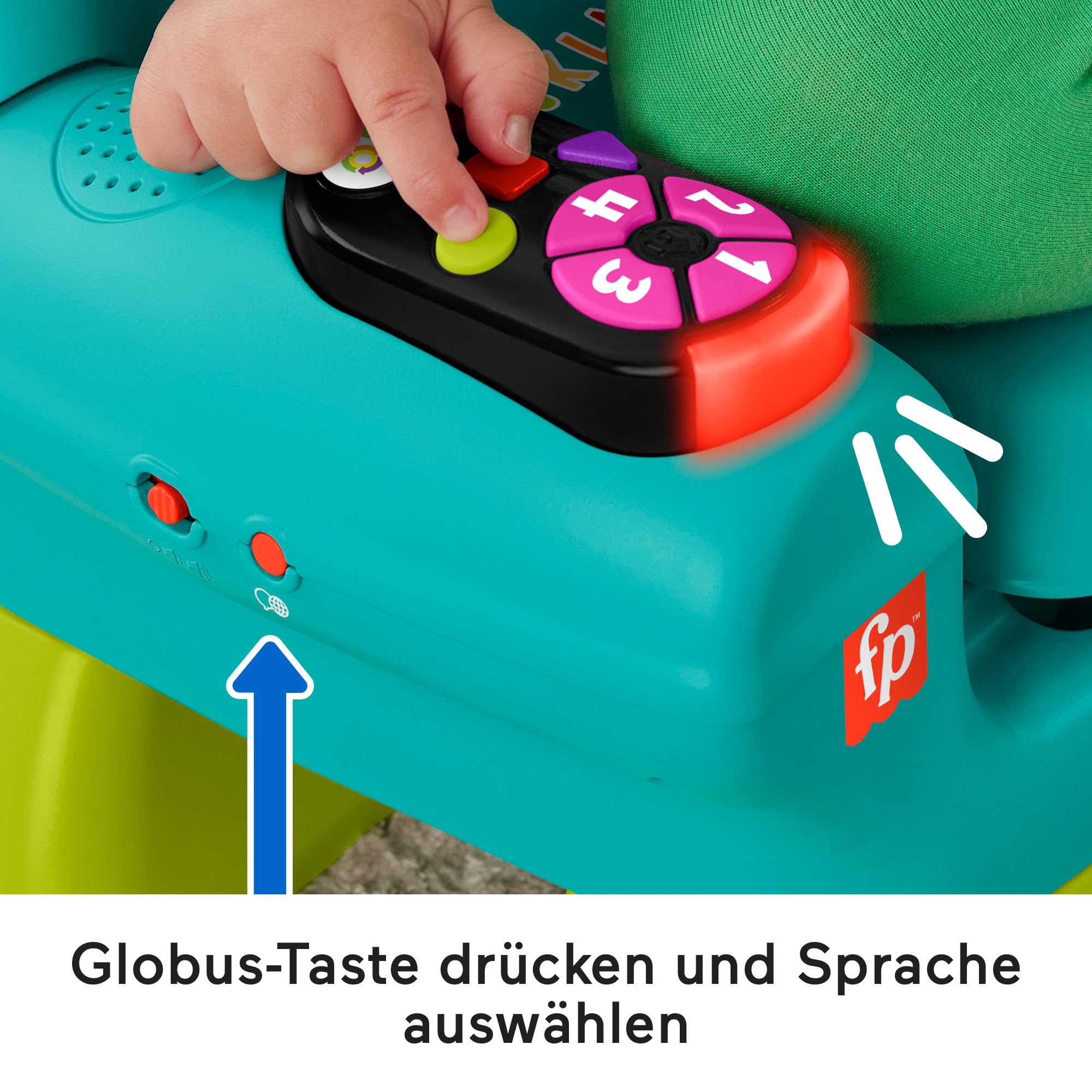 Fisher-Price Lernspaß, Lernspielzeug für Kleinkinder, Lernspaß-Stuhl, türkisfarben, mit Musik und verschiedenen Aktivitäten für Kinder ab 1 Jahr, Englisch (UK), Französisch, Deutsch Version, HYR97