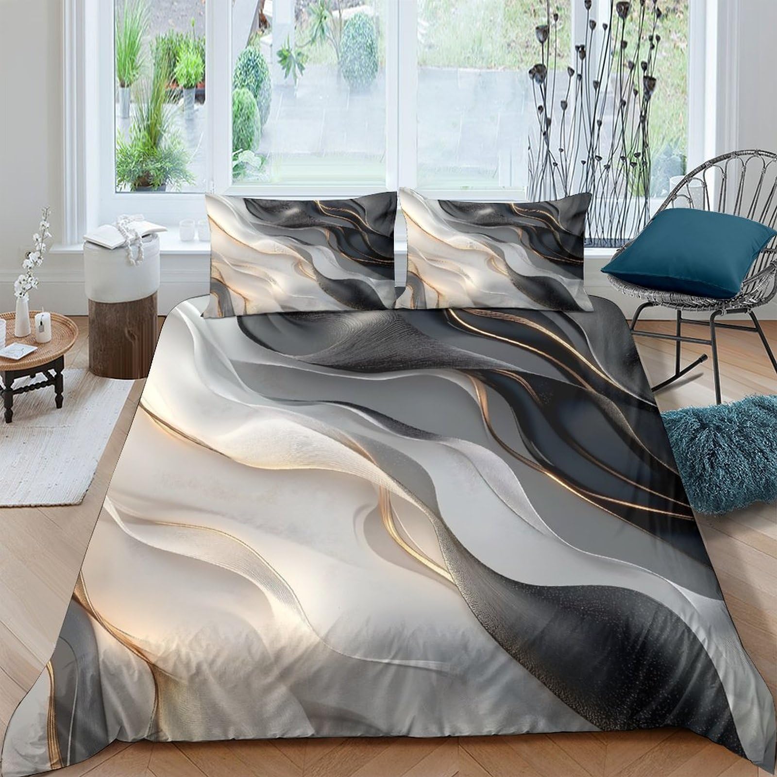 Ctjqhvkz Style-1 3D Printed Abstract Marble Fitted Sheet Microfiber Soft Breathable Black Gold Wave Mattress Cover For Bedroom Guest Room Single（135X200cm）