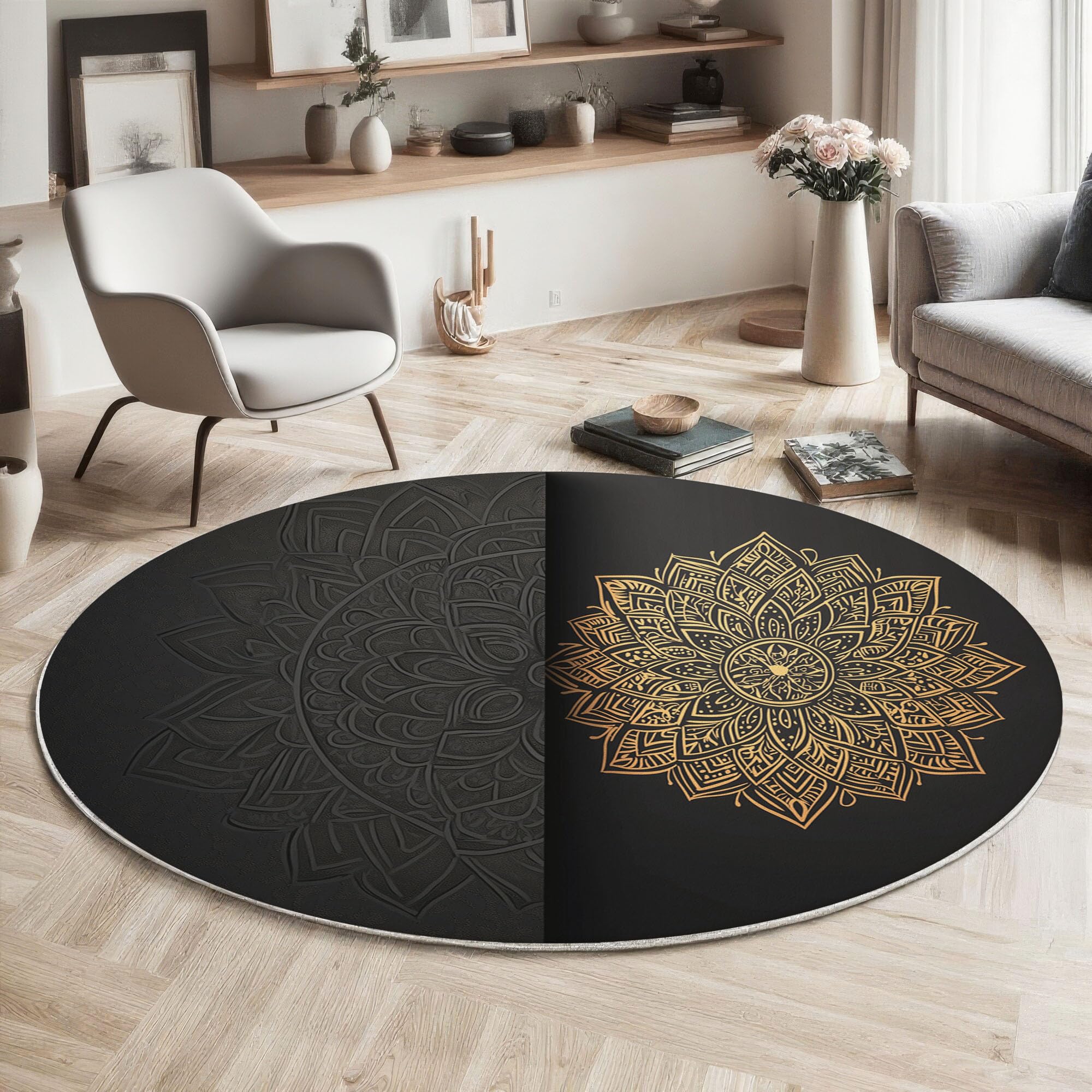 3D-Effekt Teppich Rund, 100cm Kurzflor rutschfest Teppiche Mandala Teppich Runder for Wohnzimmer Schlafzimmer Studie Heimbüro Pflegeleicht, Schwarz