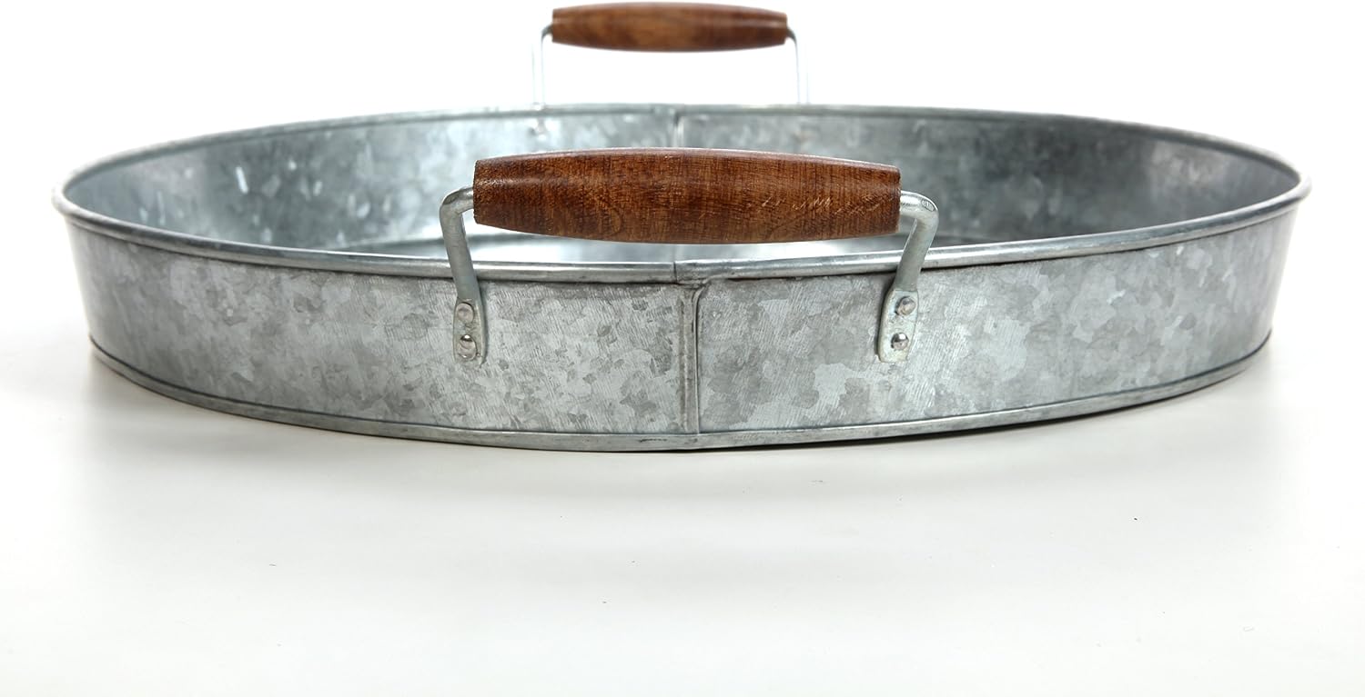 Hosley's 16 Inch Diameter (Handle to Handle 19.69 Inch) Galvanized Tray with Wooden Handles. Ideal Gift for Wedding Party Serving Ware House Warming Home Office Spa Aromatherapy. O4