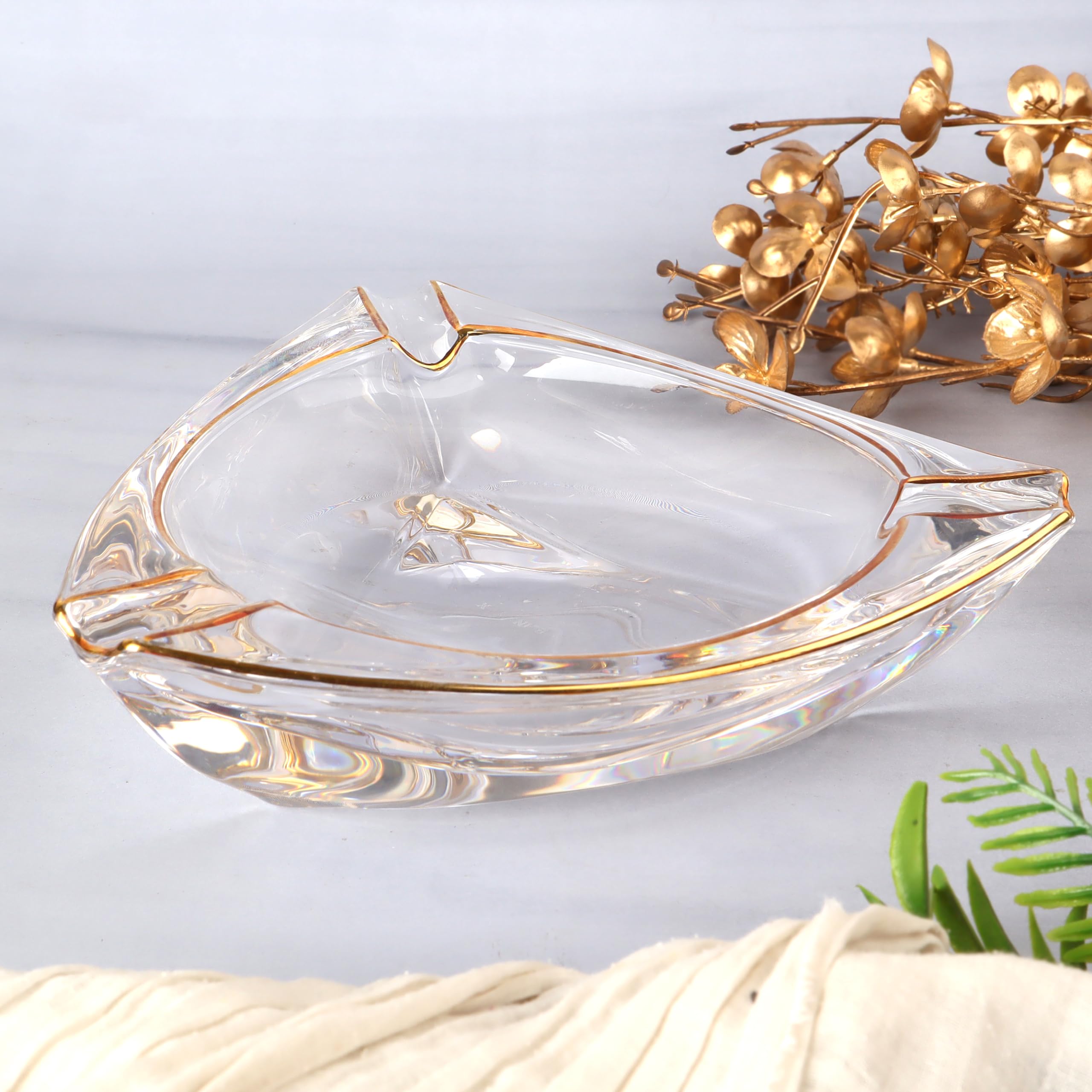 Premium Luxury Crystal Glass Heavy Transparent & Golden AshTray For Cigar & Ciggarette Smoking, Multipurpose Car & Home Set Of 1 LCH-369-image-34