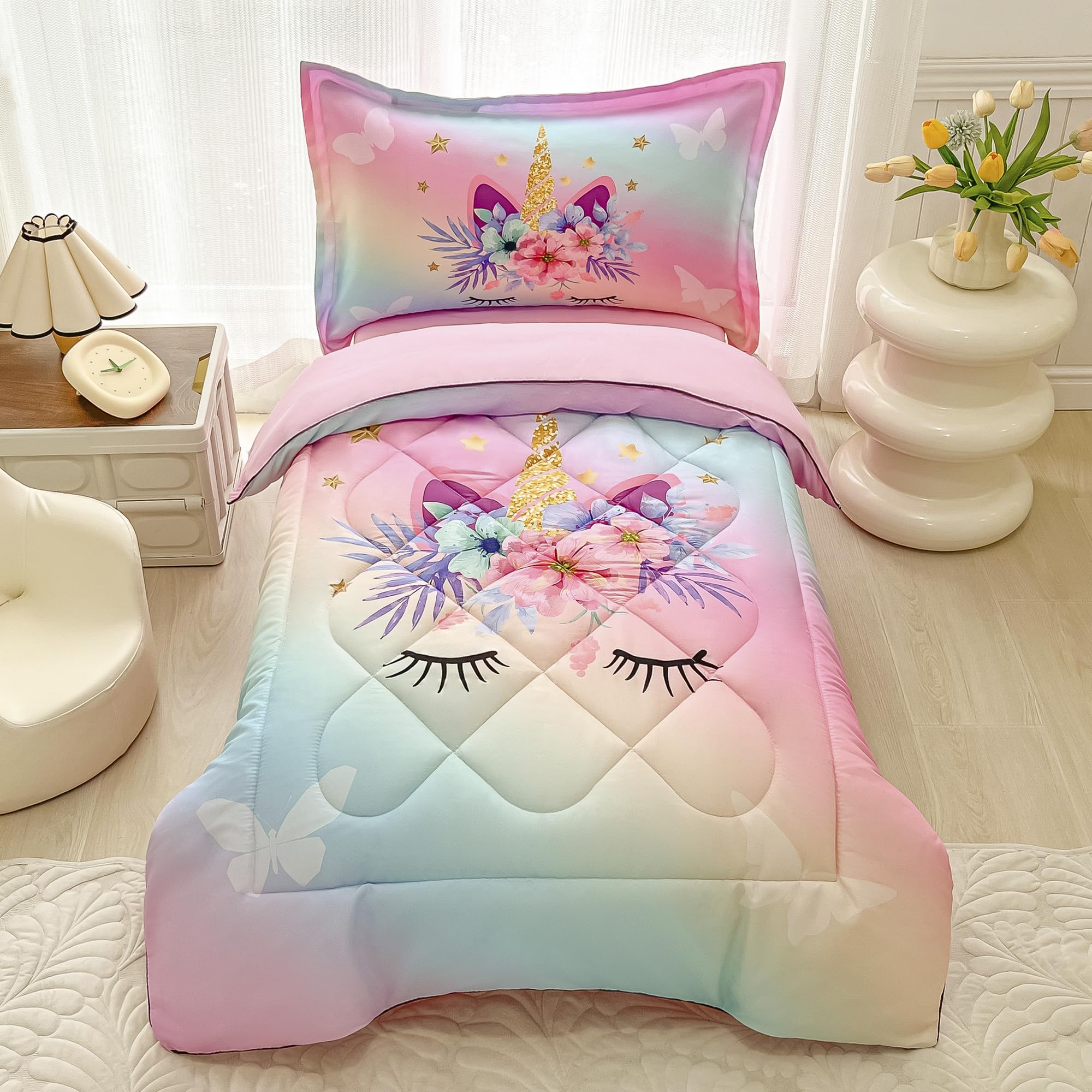 VIVILINEN 4 Piece Toddler Bedding Set,Pink Rainbow Unicorn Stars Toddler Comforter Sets Baby Kids Bed-in-a-Bag Bedspreads Quilt Bed Sheet with Quilted Comforter,Flat Sheet,Fitted Sheet,Pillowc