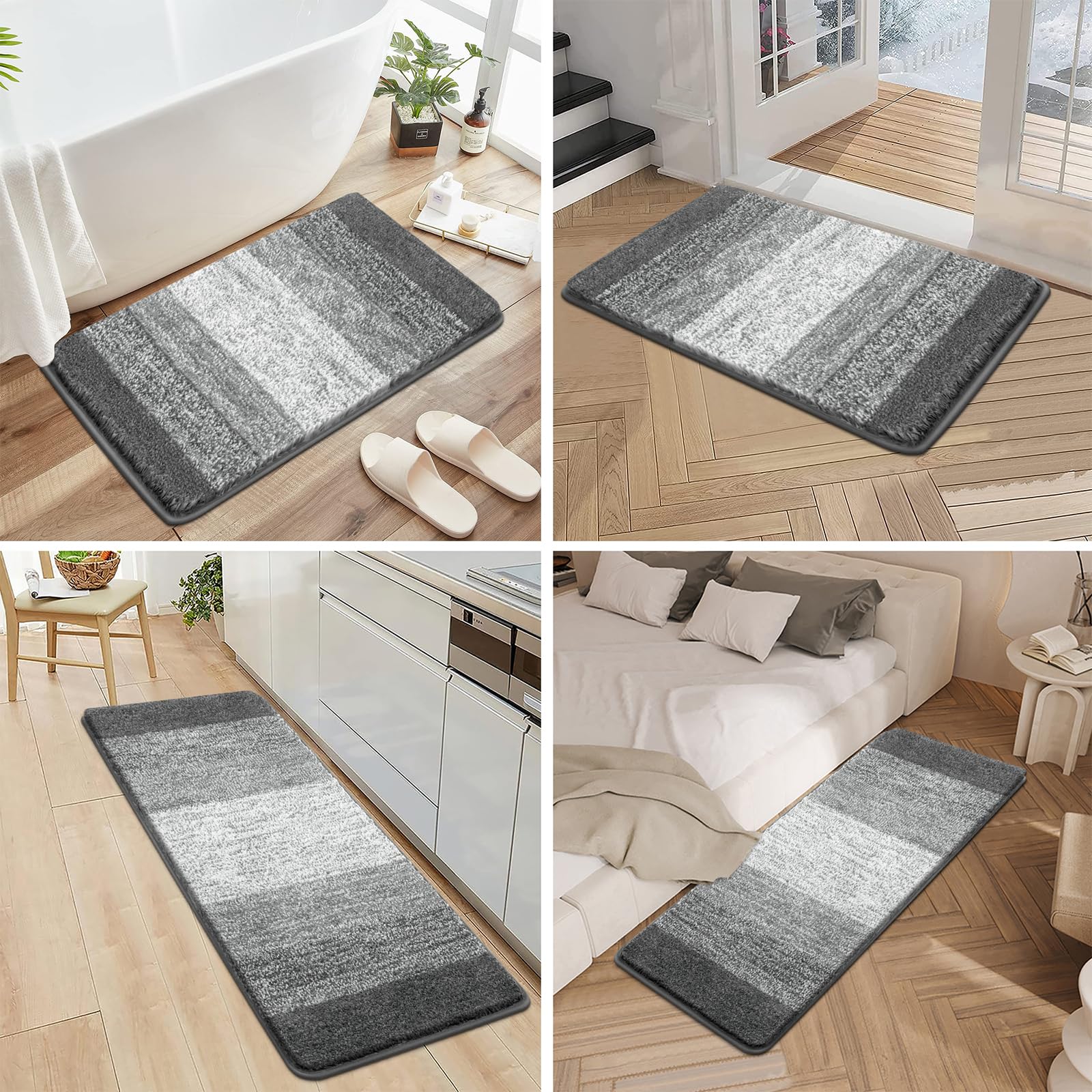 Pauwer Lot de 3 tapis de salle de bain à poils longs avec contour en forme de U et peluche absorbante, en microfibre absorbante, lavable en machine, gris