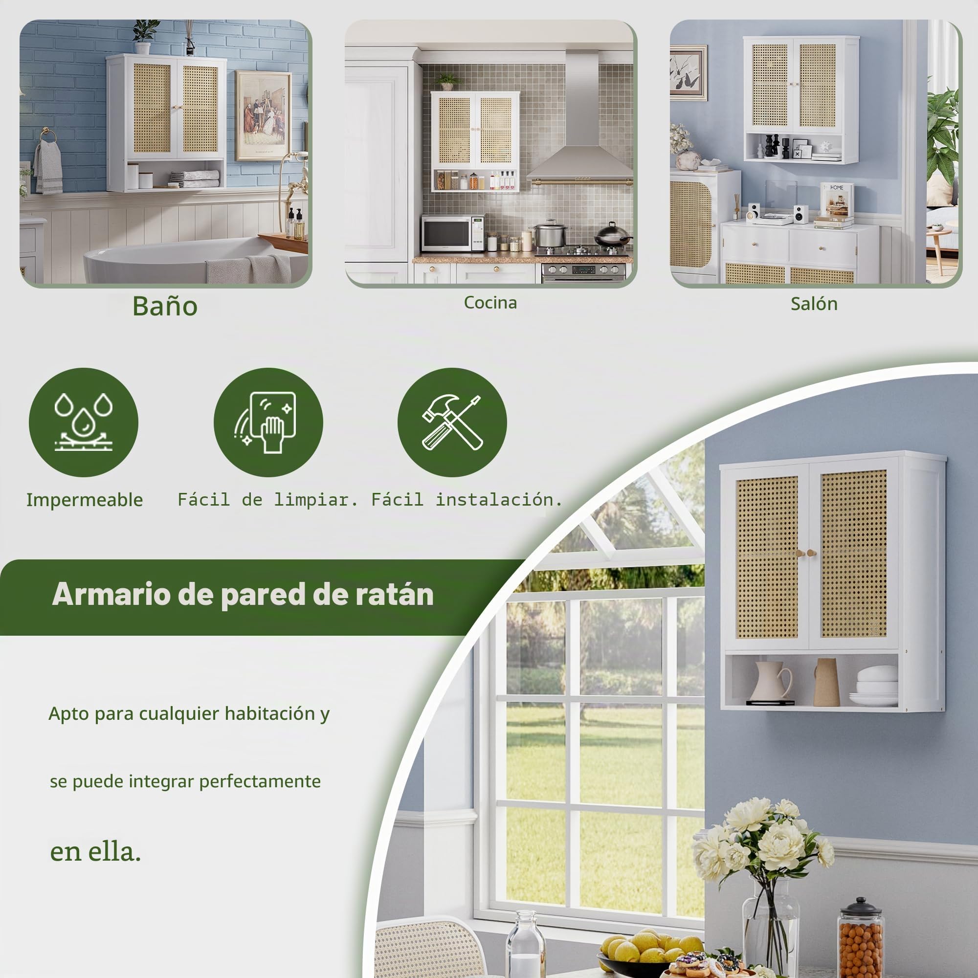 Mueble de Pared para baño, Organizador de Almacenamiento de bambú sobre el Inodoro con 2 Puertas de ratán y Estante Ajustable, botiquín de Ahorro de Espacio para lavandería, Cocina (Blanco)