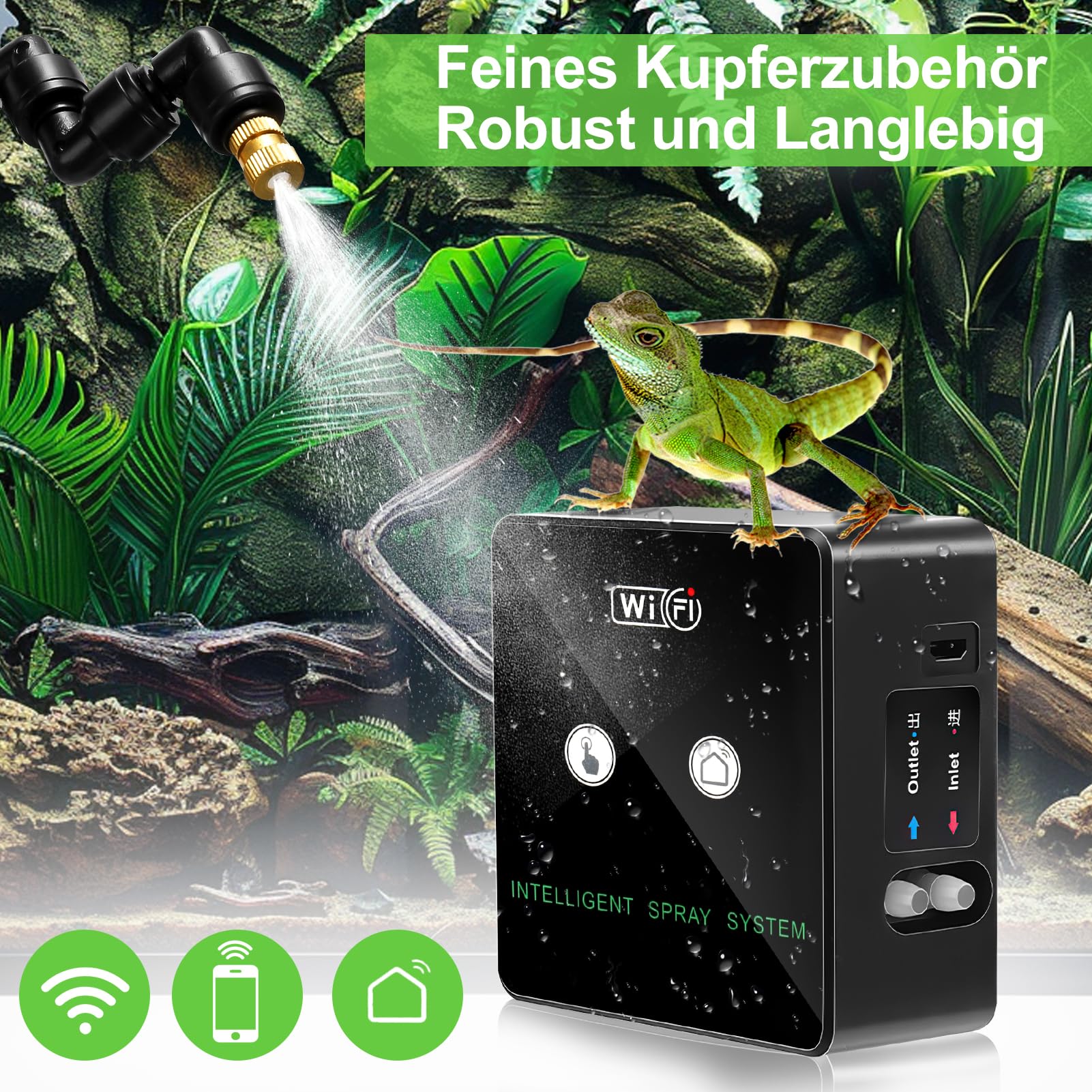 Inteligente Humidificador de Reptiles, Sistema de Riego Terrario, Boquillas Pulverizadoras Ajustable 360 °, Control Remoto por Teléfono Móvil Nebulizador Terrario para Plantas Reptiles