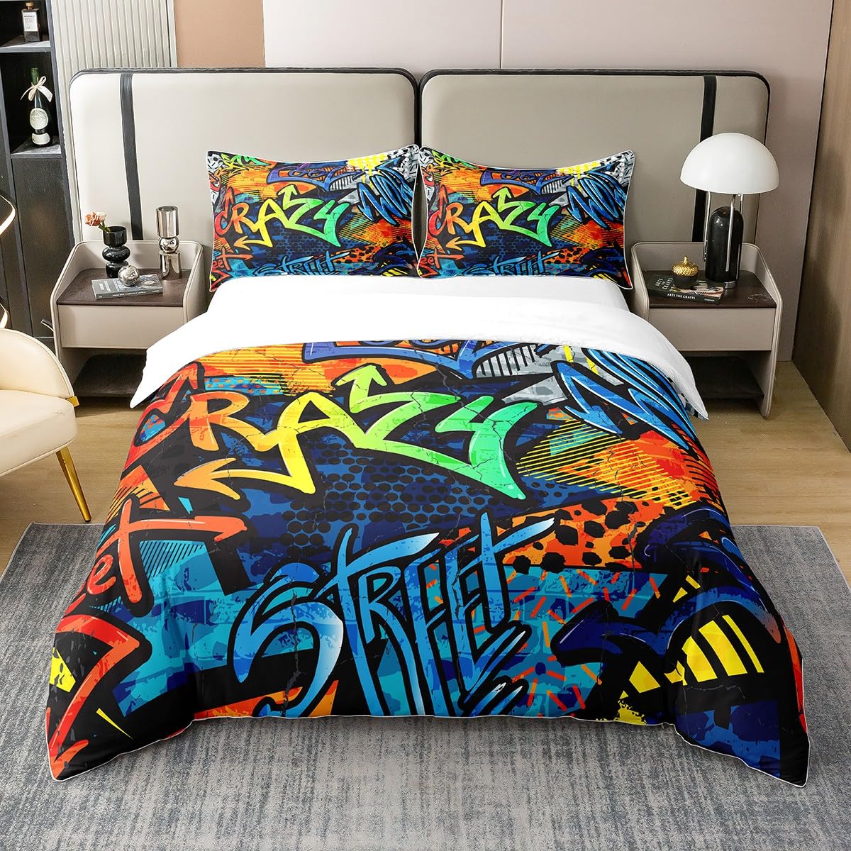 Richhome Boys Multicoloured 9 Single Hippie Graffiti Style Bedding Set 100% Pure Cotton Teenage Hip-Hop Decoration Children's Quilt Cover And Girls Graffiti Pattern Duvet Cover Street Culture Series 2Pcs