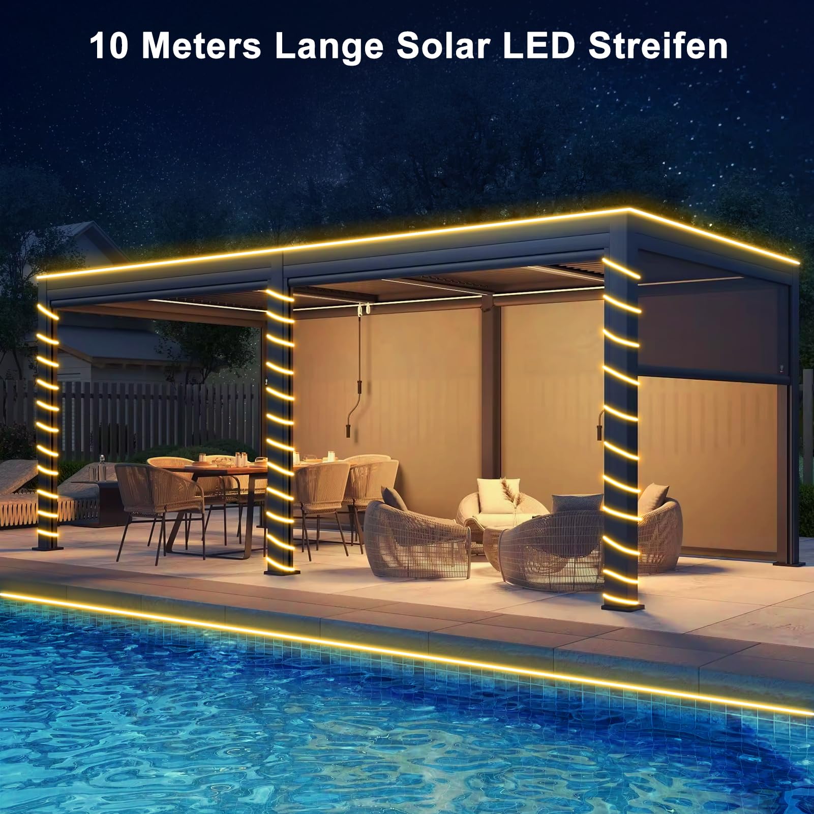 ZAIYW Zewnętrzna taśma solarna 10 m, wodoodporna IP68, 200 diod LED z pilotem zdalnego sterowania włączanie/wyłączanie, podwórko, dekoracja ogrodowa (ciepła biel)