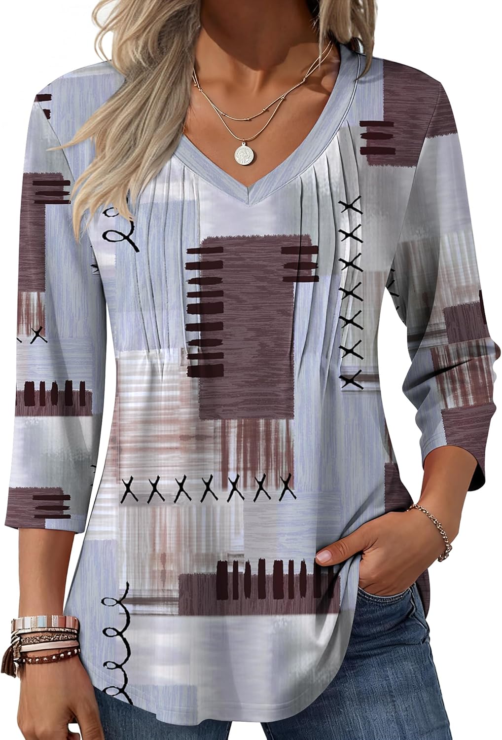 Zeagoo 3/4 Length Sleeve Womens Tops Casual V Neck Pleated Top Boho Floral Blouses Work Shirts