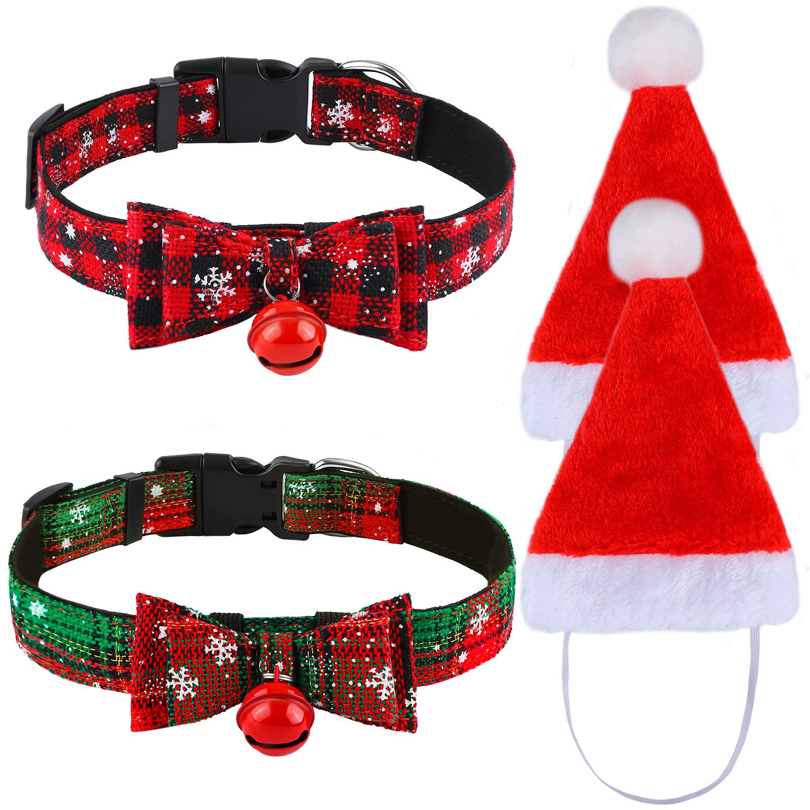 Elcoho 2 Pack Christmas Snowflake Dog Collars Adjutable Dog Collars with Bow Tie and Bells Classic Plaid Collar and 2 Pack Pet Christmas Hat Pet Costume Accessories Decoration for Cats Dogs Pets