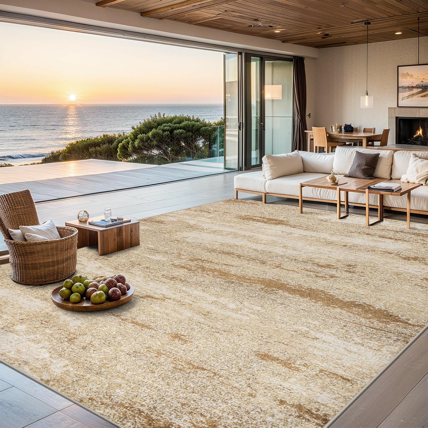 8x10 Area Rugs for Living Room - Washable Rug Modern Abstract Soft Large Neutral Non-Slip Carpet Indoor Floor Stain Resistant Thin Carpets for Bedroom Dining Room Farmhouse Nursery Home Office Beige Beige 8' x 10' (Rectangular)