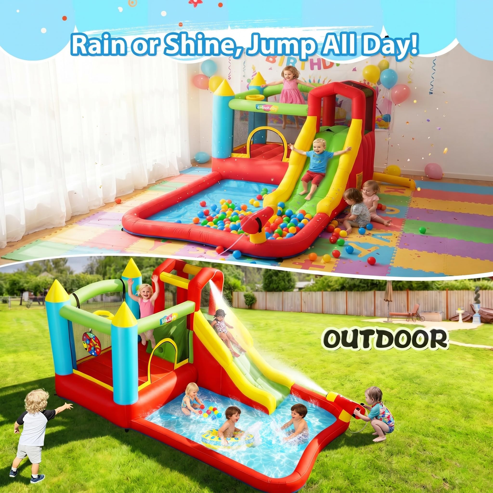 Aufblasbare Wasserrutsche Hüpfburg für Kinder, 2-in-1 Verbindbares Aufblasbares Trampolinburg-Set, Tolles Geschenk für die Gartenparty im Wasserpark, inklusive Gebläse (Verbindbare A)