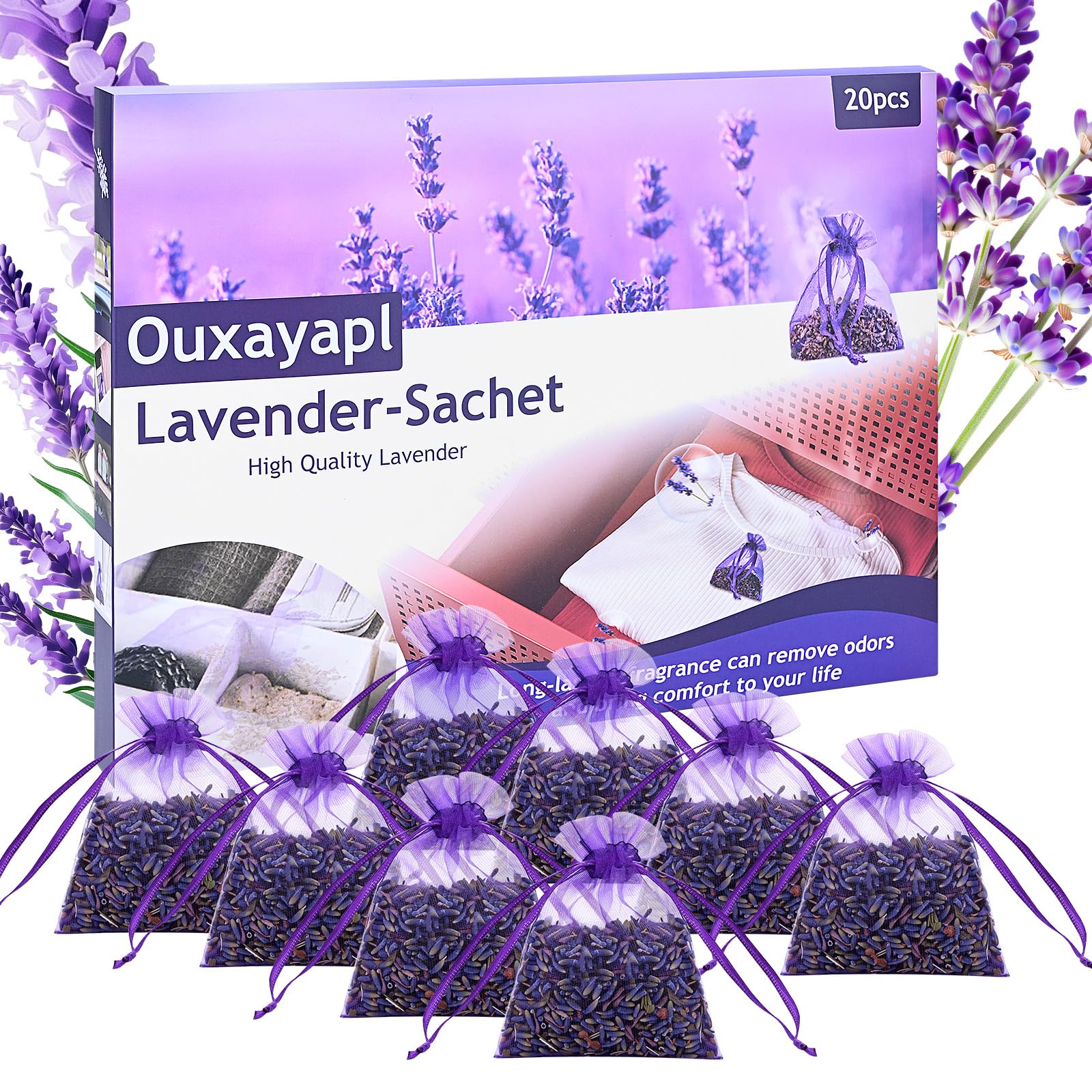 20 Sachets de Lavande Séchée Naturelle - Lavande Séchée pour Armoires, Tiroirs, Placards et Linge - Sacs Parfumés pour Maison et Voiture
