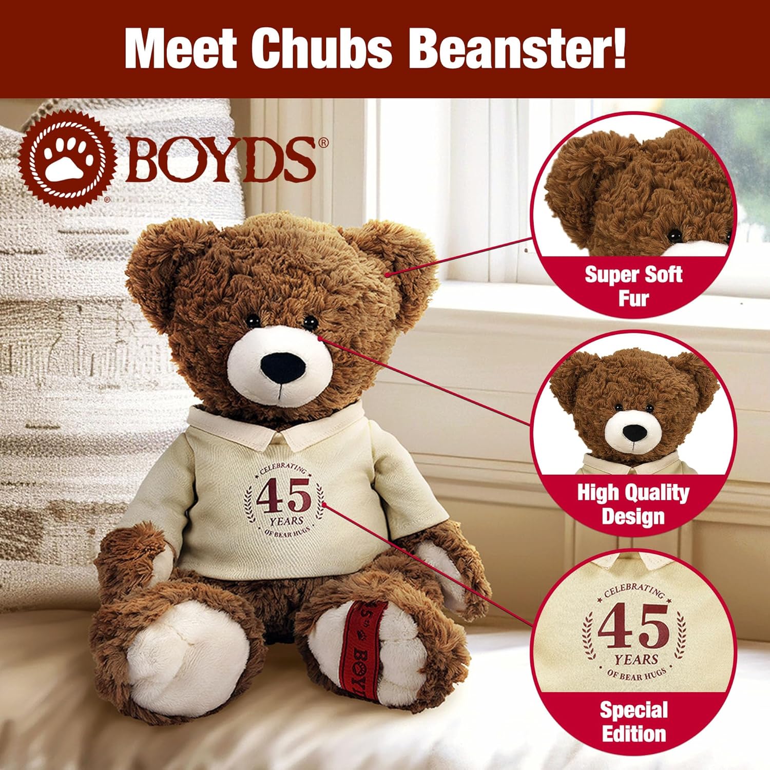 Enesco Boyds Bears 45th Anniversary Chubs Beanster Plush Teddy Bear Stuffed Animals, Collectible Premium Soft Teddy Bear Plushies for Ages 1+ and Up, Brown Bear, 12 Inch
