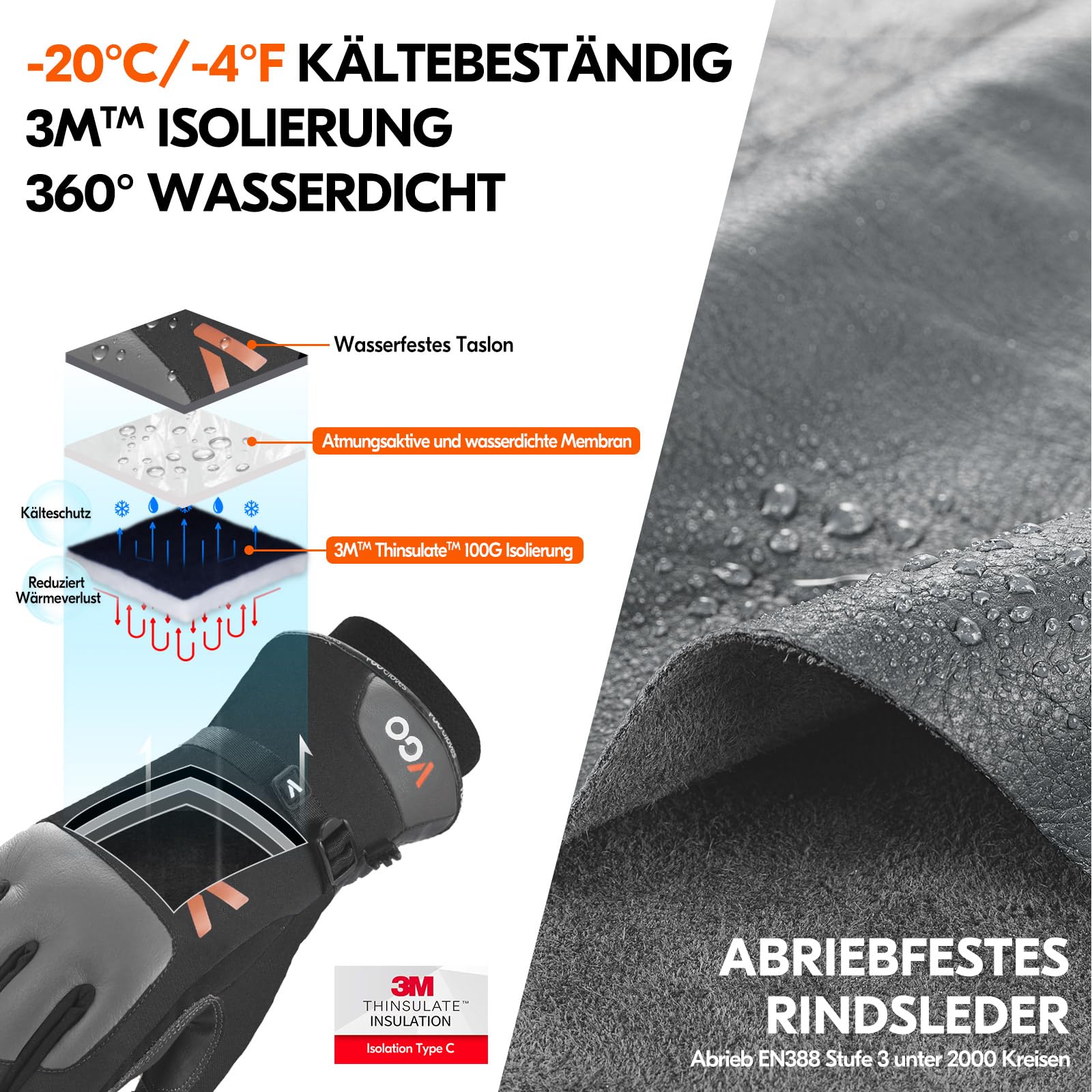 Vgo...-20 °C Herren wasserdichte isolierte Leder-Winterhandsc(CA7759FW,L)