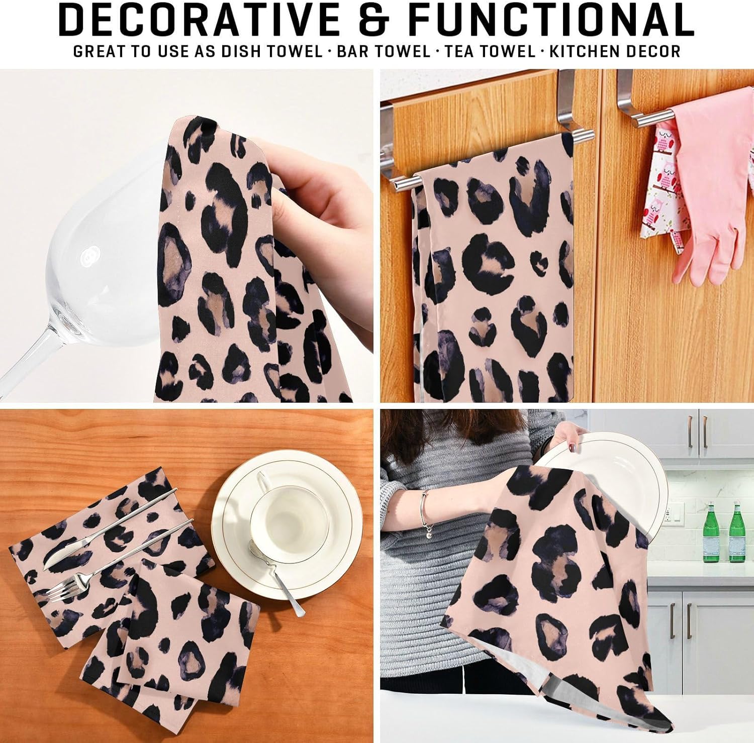senya Pink Black Leopard Kitchen Towels 4 Pack, Absorbent Hand Towels Fast Drying Dish Cloths Tea Towel 28 x 18 in