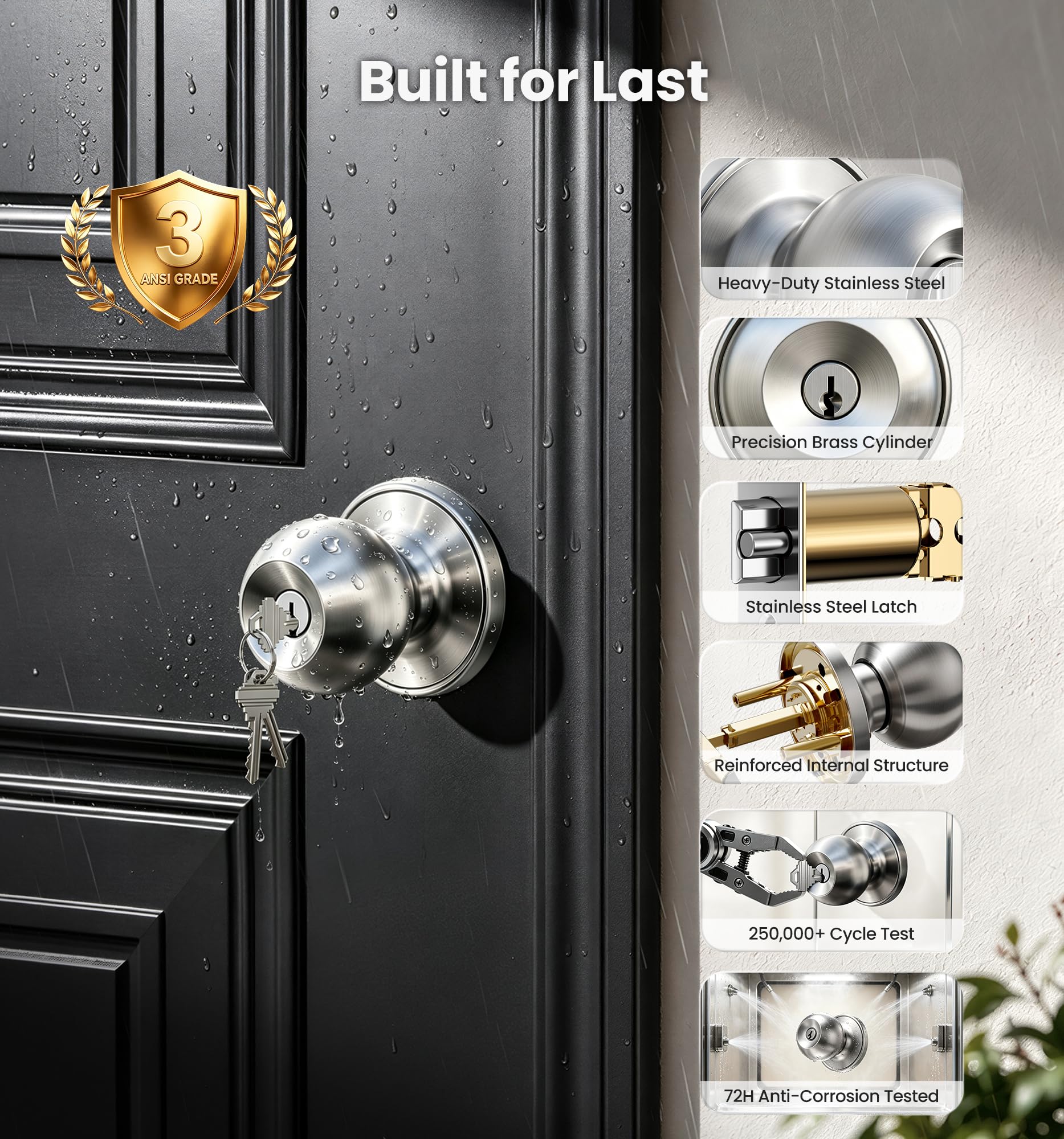 Veise 3-Pack Keyed Alike Entry Door Knobs - Satin Nickel -4