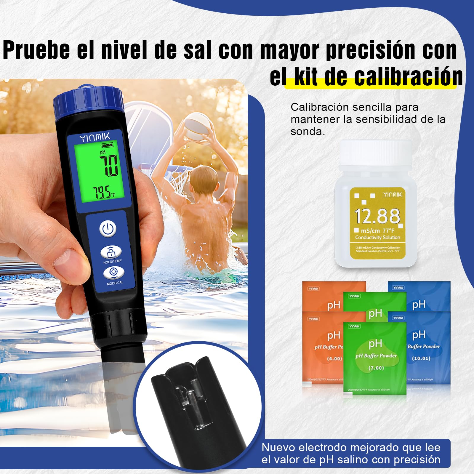 YINMIK Medidor de pH y Salinidad Piscinas, Monitor de Sal Piscina, Tester de Temperatura TDS 6 en 1 PH ORP EC TDS, Kit de Prueba de PPM y EC Hidropónico, Medidor de Conductividad del Agua Potable