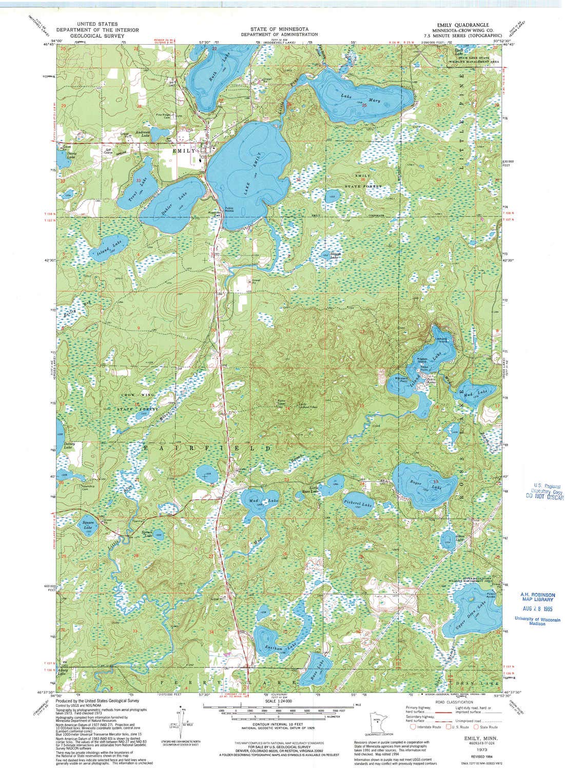 Emily MN topo map, 1:24000 Scale, 7.5 X 7.5 Minute, Historical, 1973, Updated 1995, 27.23 x 21.53 in