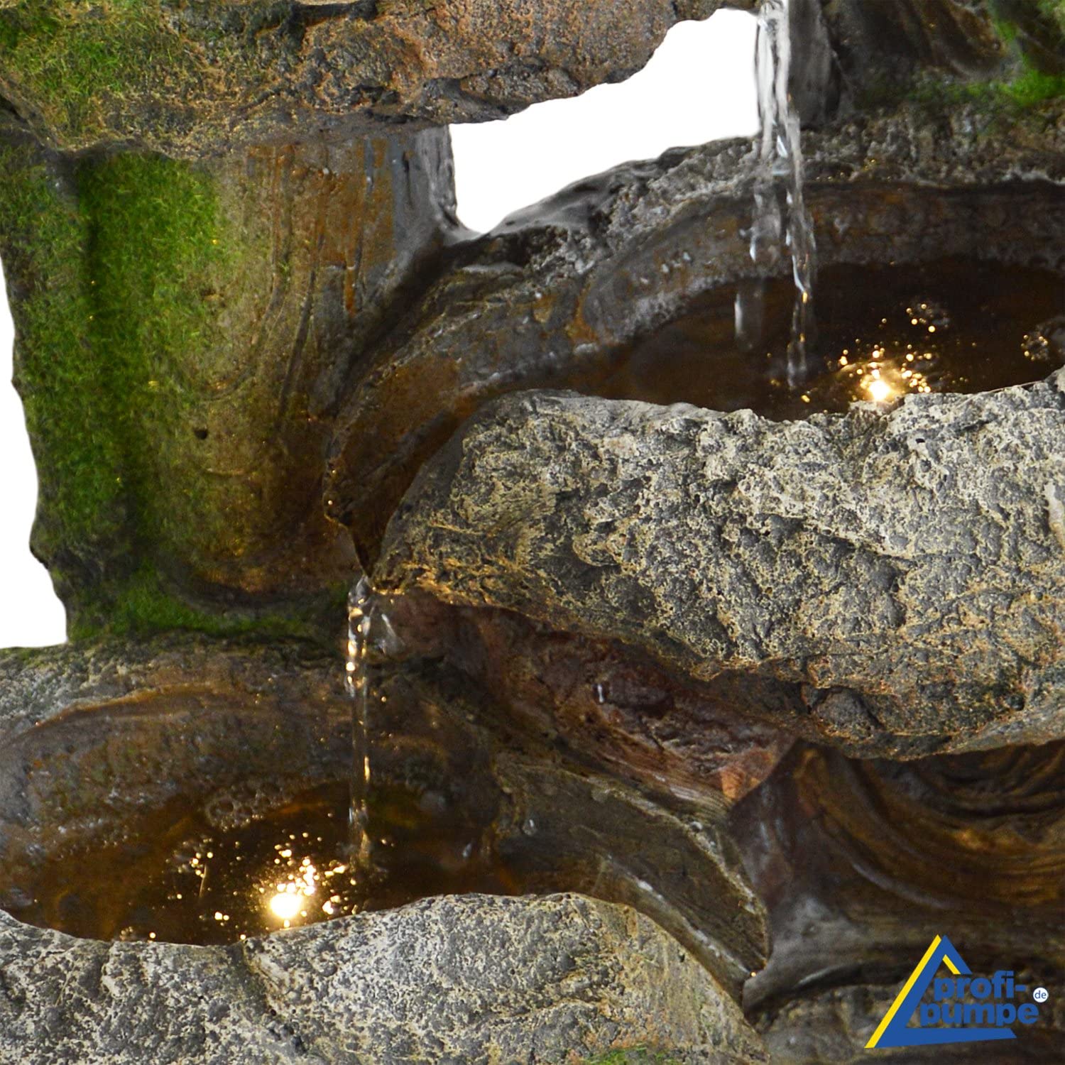 AMUR Fuente solar de jardín con batería de respaldo y luz LED, cascada autónoma, tronco de árbol y cuencos de piedra