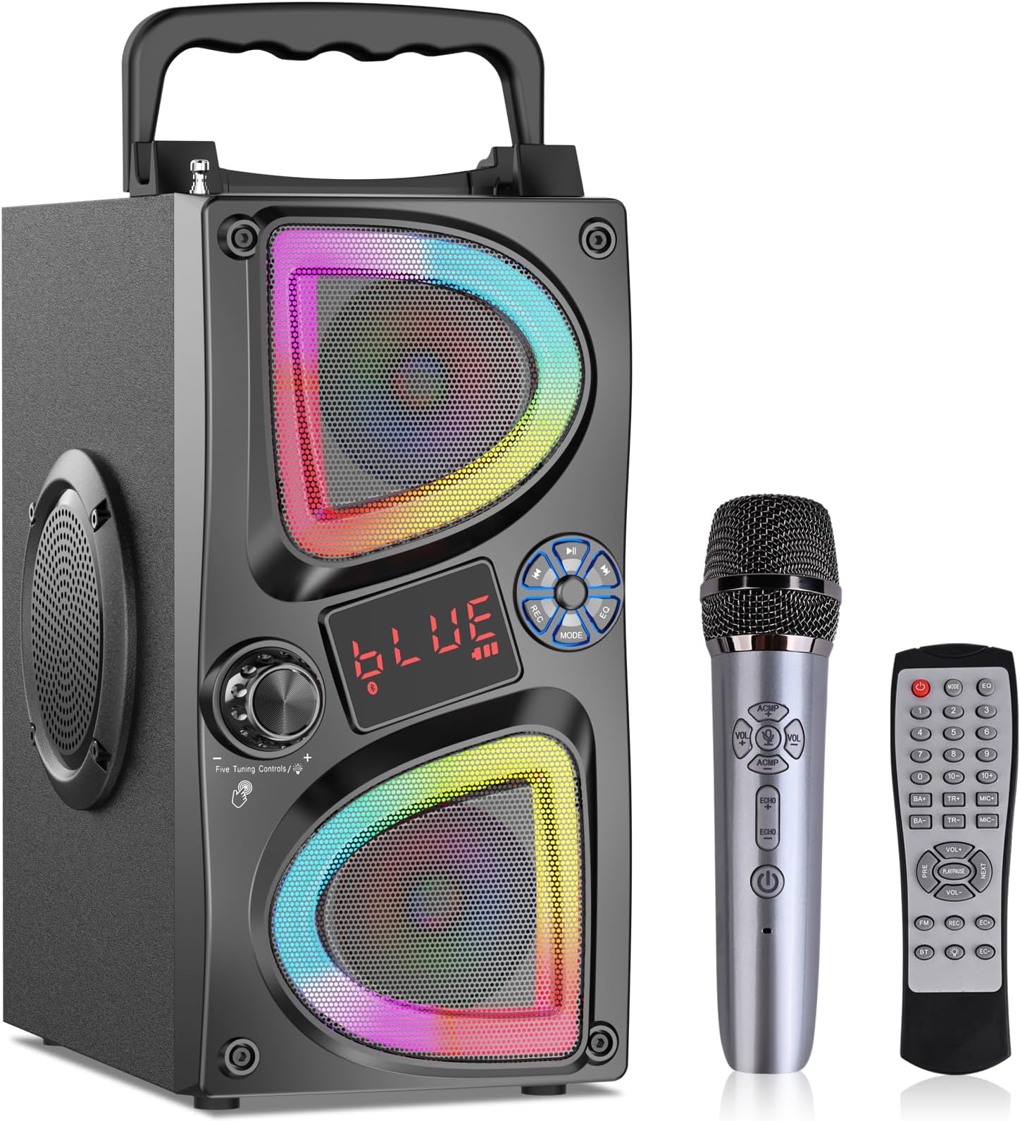 Bluetooth Speaker, 60W(Peak) Wireless Portable Small Home Party Speakers with Double Subwoofer Deep Bass, Microphone, FM Radio, Lights, Remote, 80dB Loud Stereo Sound Boombox for Outdoor Camping Gifts