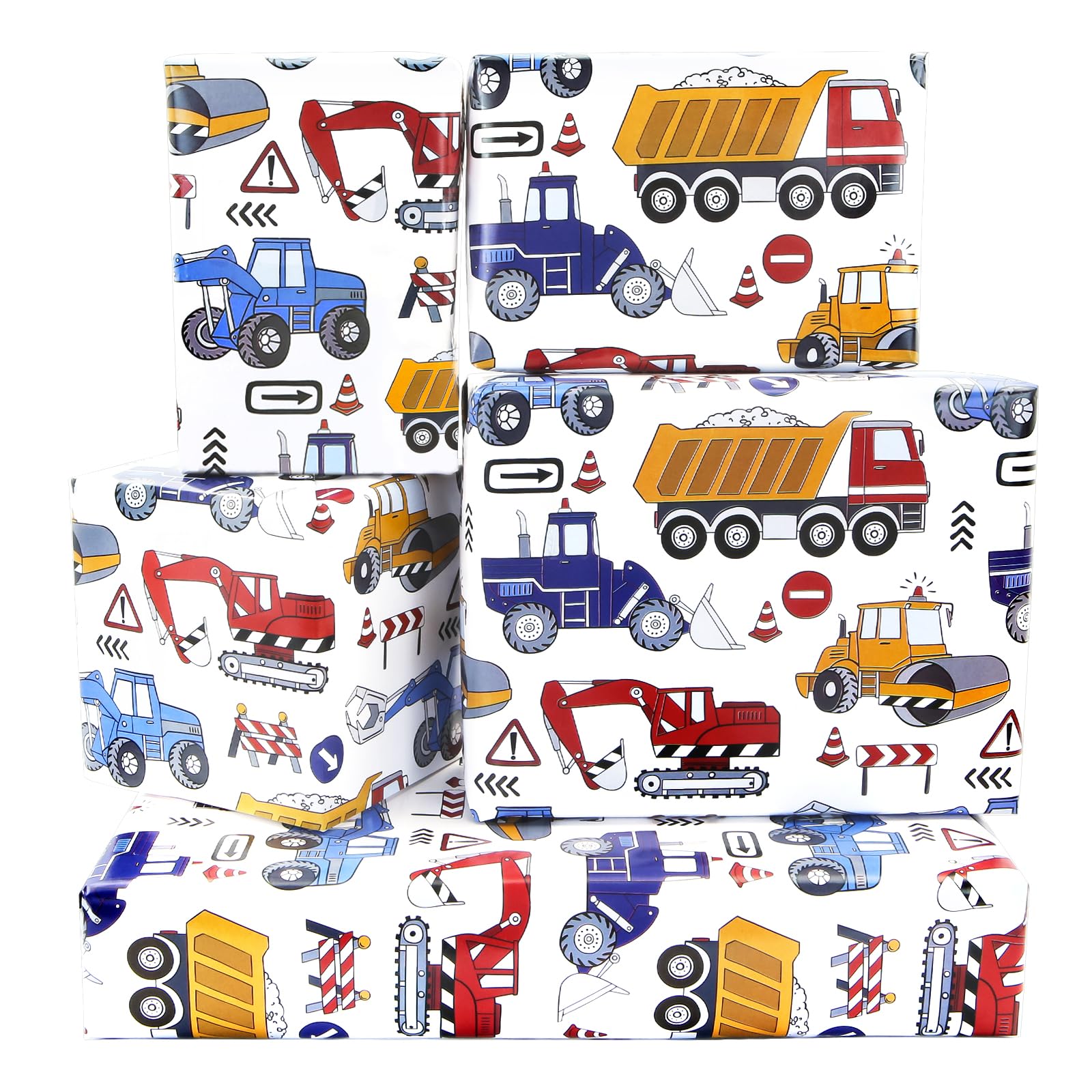 Construction Wrapping Paper, 6 Sheets Excavator Road Under Construction Diggers Tractors Bulldozers Dumper Trucks Wrapping Paper 50x70cm per Sheet for Kids Boys Little Builder Birthday Parties