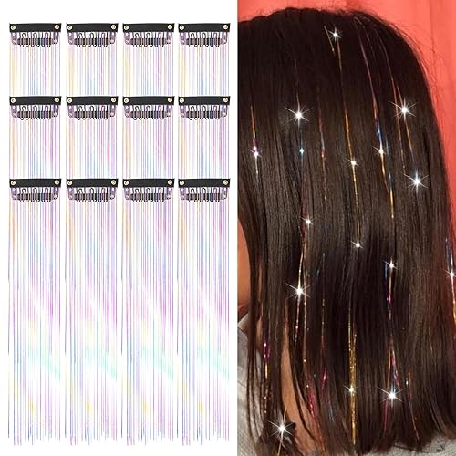 Kit de 12 extensiones de cabello de oropel con clip, kit de oropel de 23.6 pulgadas, kit de oropel de cabello con clip, extensiones de cabello de