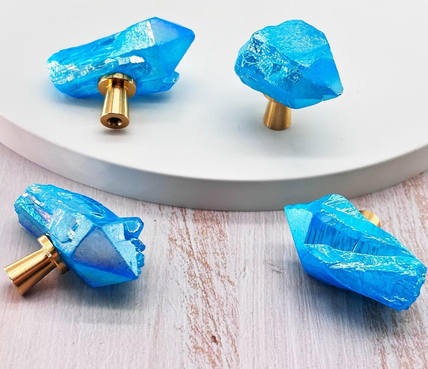 Natural Crystal Stone Cabinet Knobs Decorative Drawer Knobs Handles Gemstone Cupboard Pulls for Home Office Decor Coated Blue 4 Pack