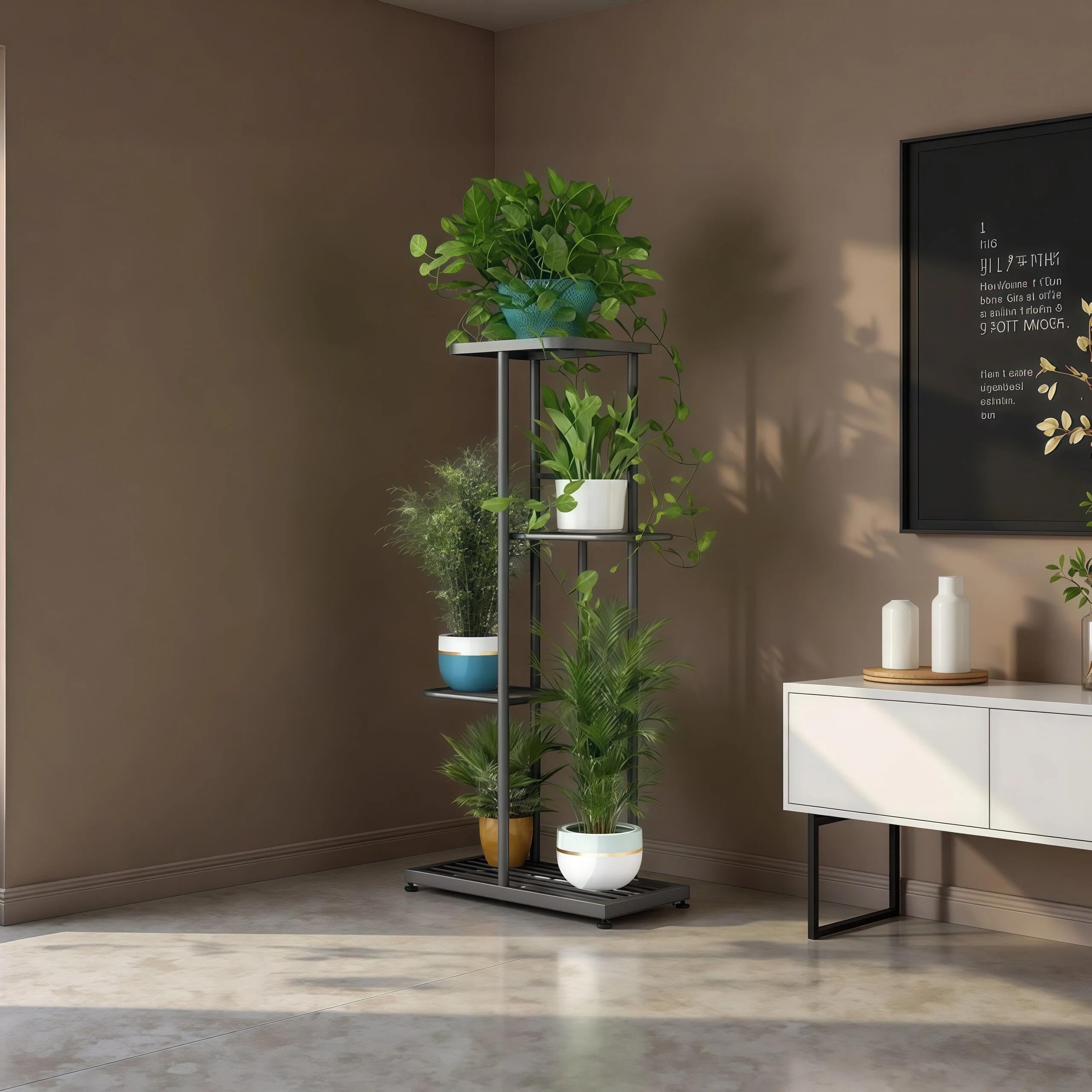 LINZINAR Soporte de metal para plantas de 4 niveles y 5 macetas, estante para macetas para interiores y exteriores, estantería de exhibición para patio, jardín, esquina, balcón, sala de estar (4