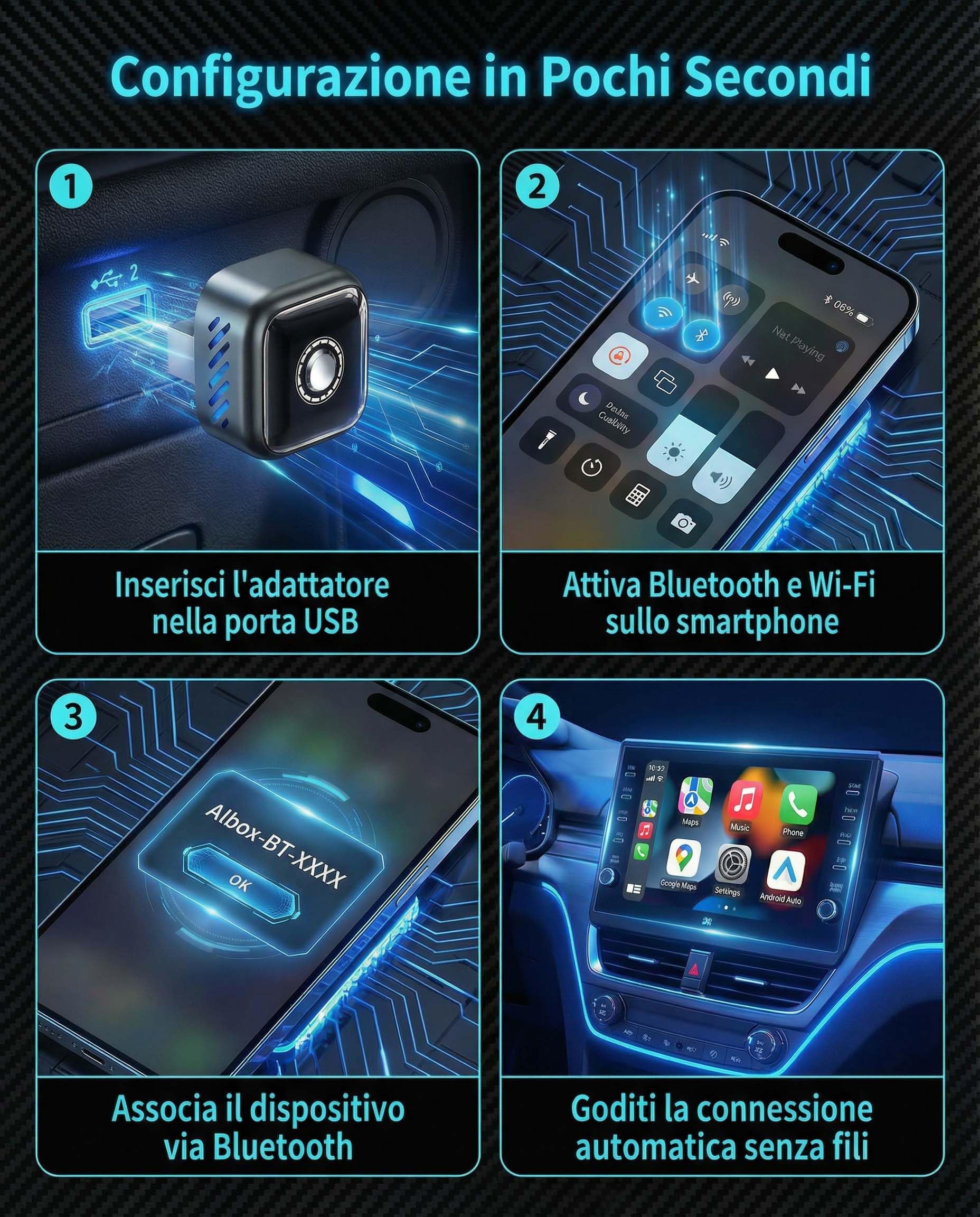 NUOVO 2026 Adattatore CarPlay Wireless & Android Auto 2-in-1, Dongle Mini Wi-Fi 5.8GHz, Corpo in Metallo Dissipante, Funzione One-Click opzionale, Adattatore USB-C Incluso