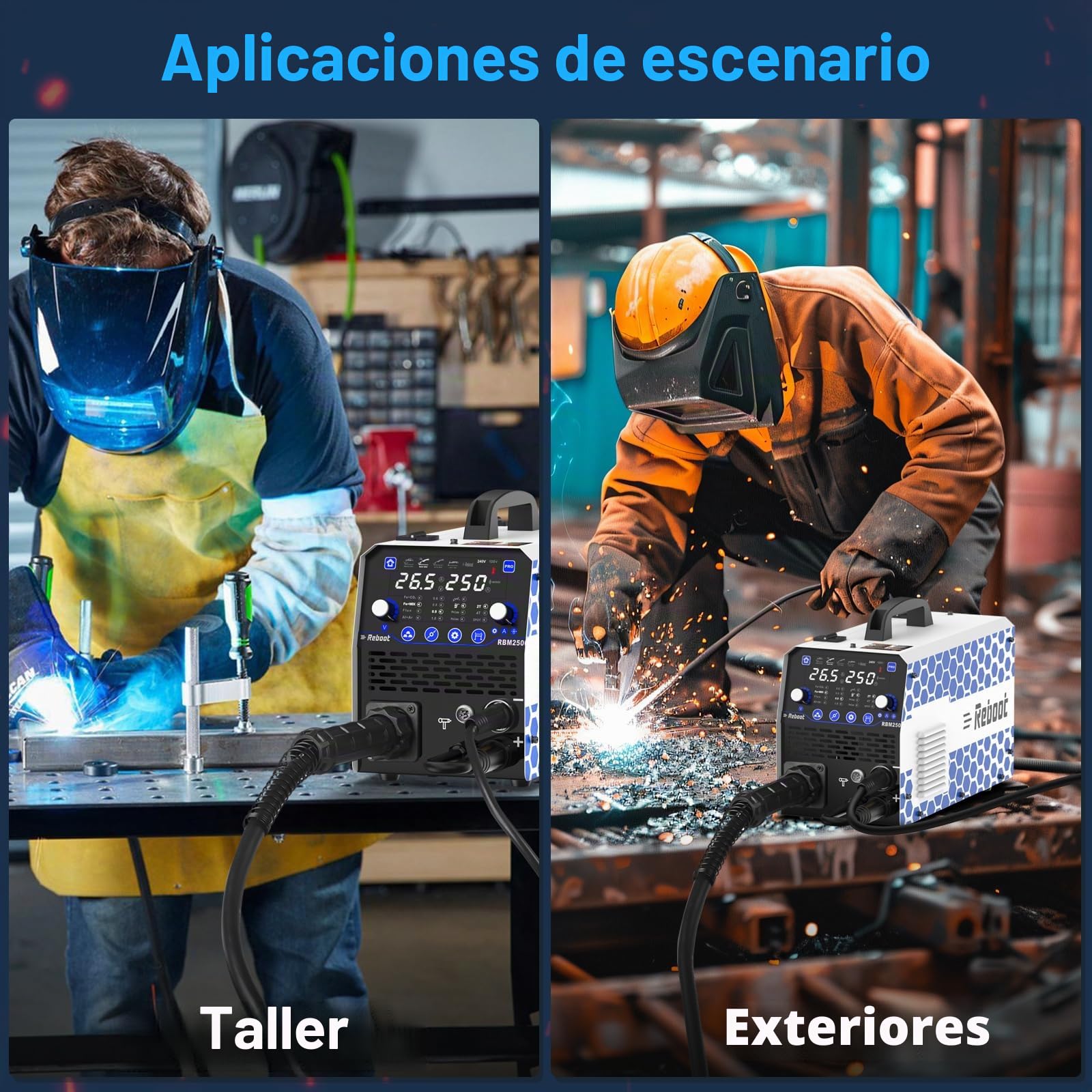 Reboot Soldador MIG de 250 amperios, 120 V/240 V RBM2500 PRO, máquina de soldadura multiproceso 8 en 1 con modos de soldadura de aluminio duales, núcleo de flujo sin gas, MAG/Lift TIG/Stick/Spot/Spool