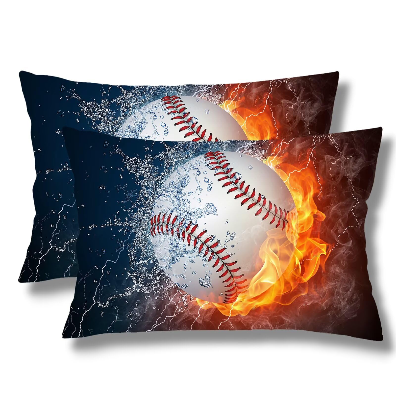 Baseball Throw Pillow Cover Queen Size Set of 2,Sport Ball on Fire and Water, Sports Lumbar Pillow Case Bed Pillow Covers with Zipper Standard Size Pillow Cases Cushion Covers for Bed,Couch,20"x30"