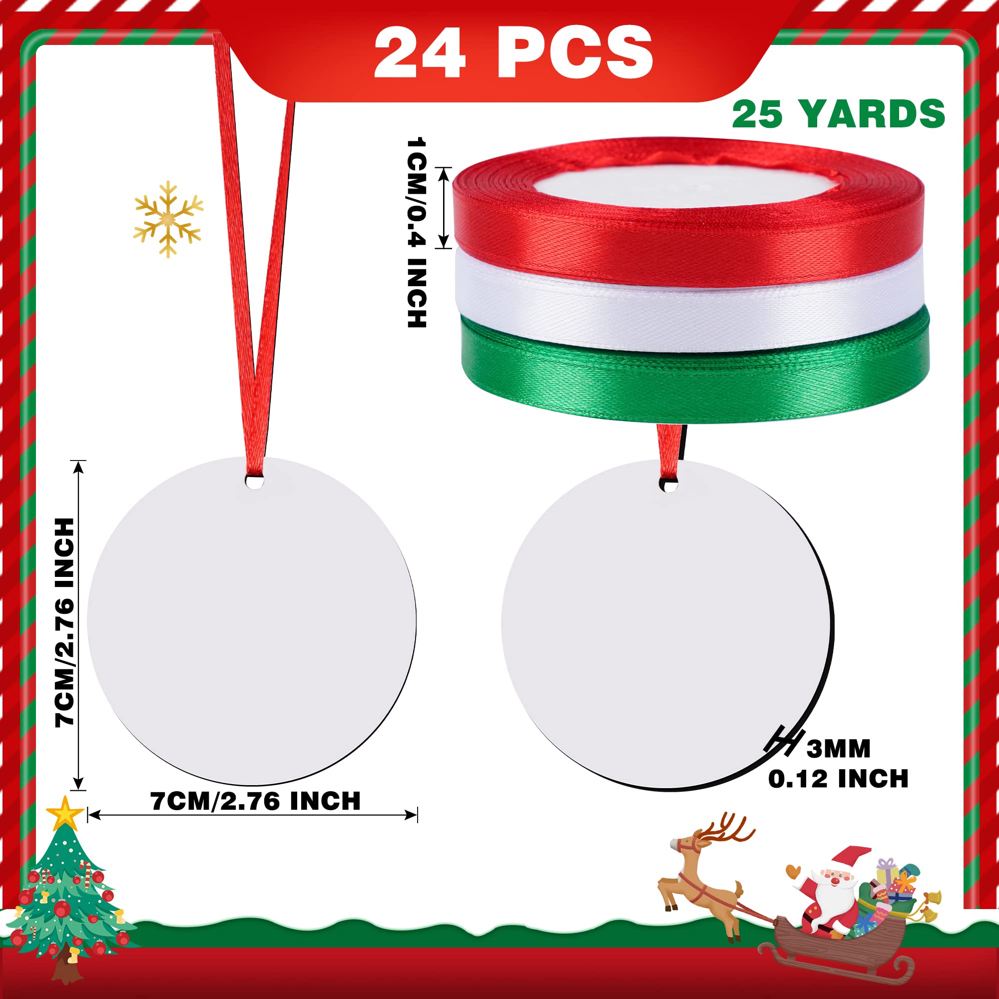 Christmas Sublimation Ornament Blanks 24PCS MDF Sublimation Blank Pendants Bulk Double Sided Printed Round Sublimation Ornaments with 3 Roll Ribbon for Christmas DIY Craft Decoration Supplies