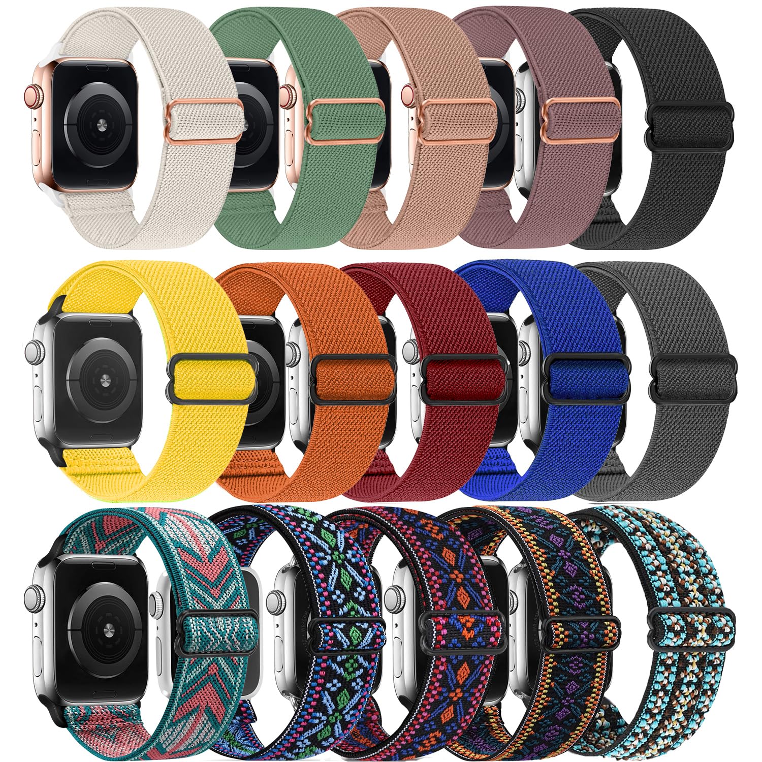 15 Pack Soft Nylon Stretchy Band Compatible with Apple Watch 38mm 40mm 41mm 42mm 44mm 45mm 49mm Women Men,Elastic Adjustable Replacement Sport Strap for iWatch Series Ultra/SE/8/7/6/5/4/3//2/1