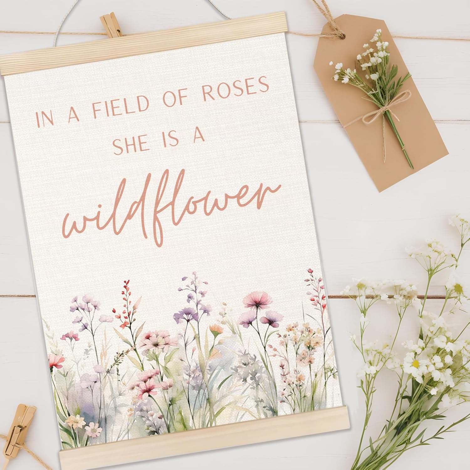 Welshower Boho Floral Girl Nursery Poster Hanger Frame, Wildflower Nursery Decor, in a Field of Roses She Is a Wildflower Wall Art Prints Decor for Baby Girls Room Bedroom Framed, 12x16 Inch