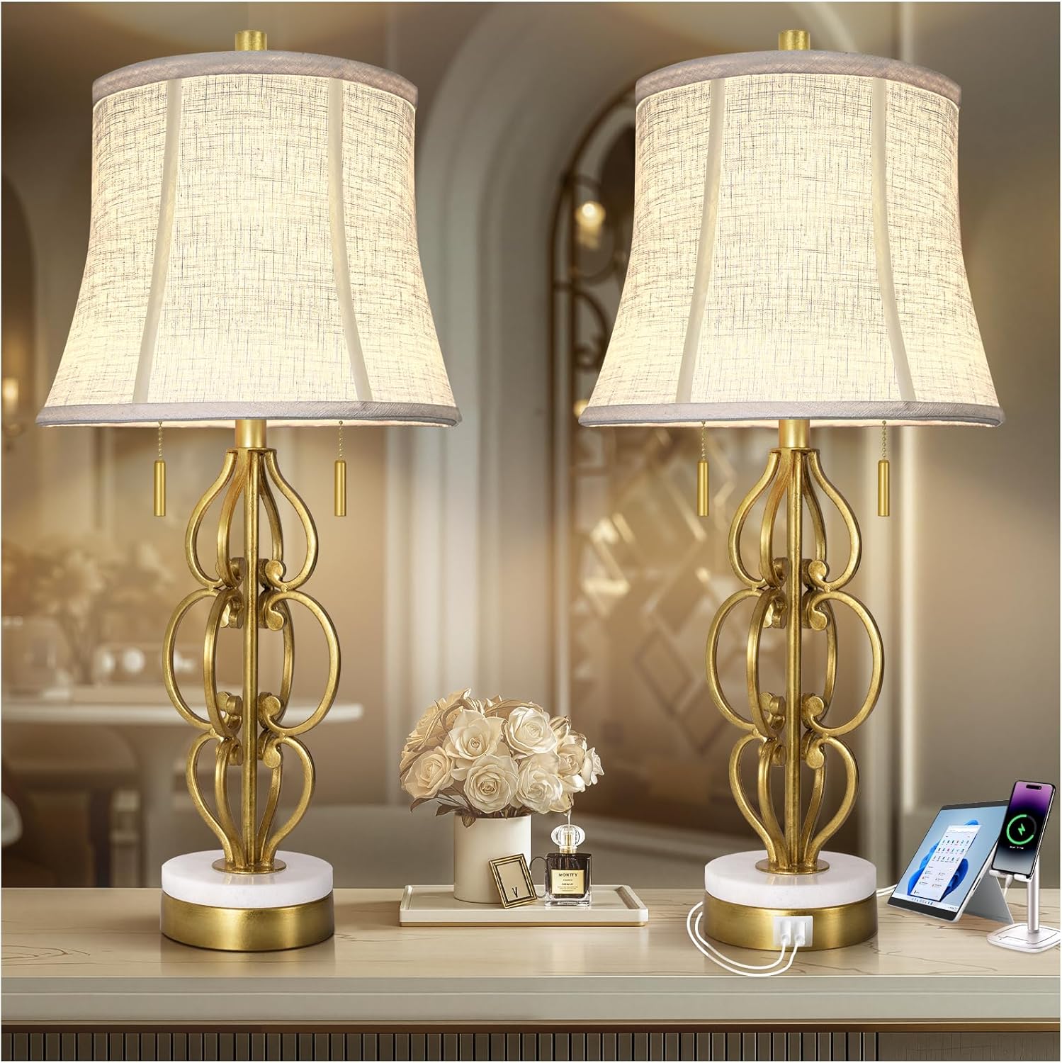 Scenekoy Table Lamp Set of 2 with USB Ports, Pull Chains Switch, 28” Gold Leaf Curved Iron Art Bedside Lamps with Linen Shade for Living Room Bedroom, Nightstand Lamps for Home Room Decor