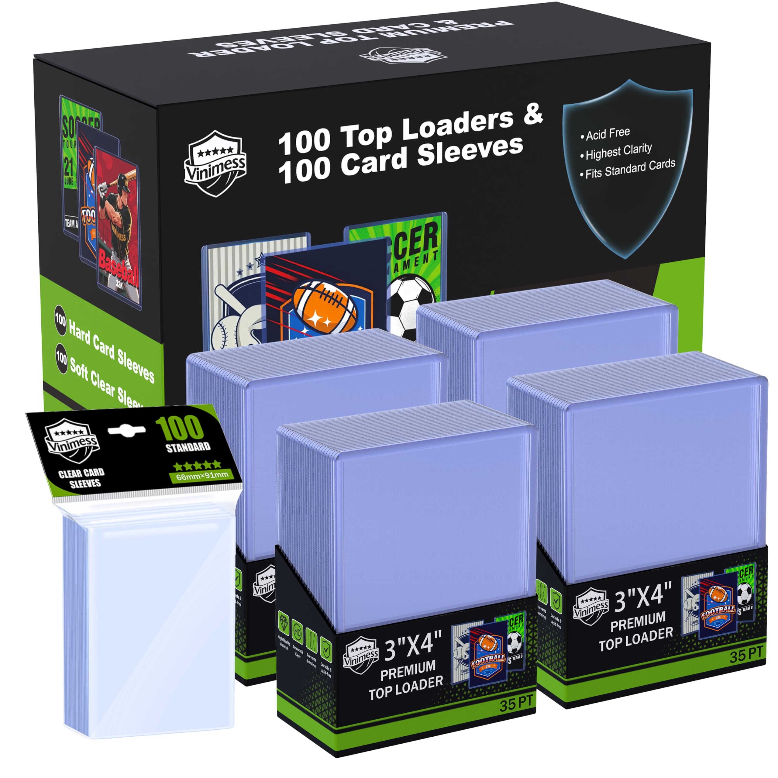200 Card Sleeves Top Loaders for Cards, 3" x 4" Hard Plastic Toploaders, Premium Baseball Card Holder for Trading Cards, Sports Baseball Football Game Card Protectors (100 Hard Sleeve+100 Card Sleeve)